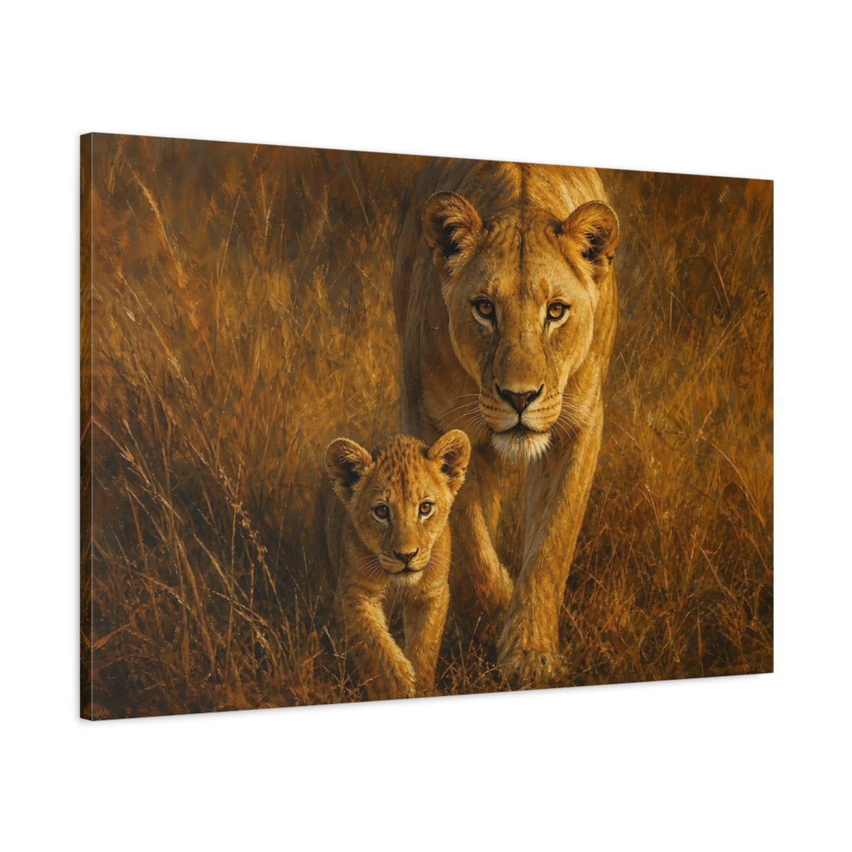 Main Mockup. Animals Lioness Cub Lioness Cub Gold shown as stretched canvas wall art