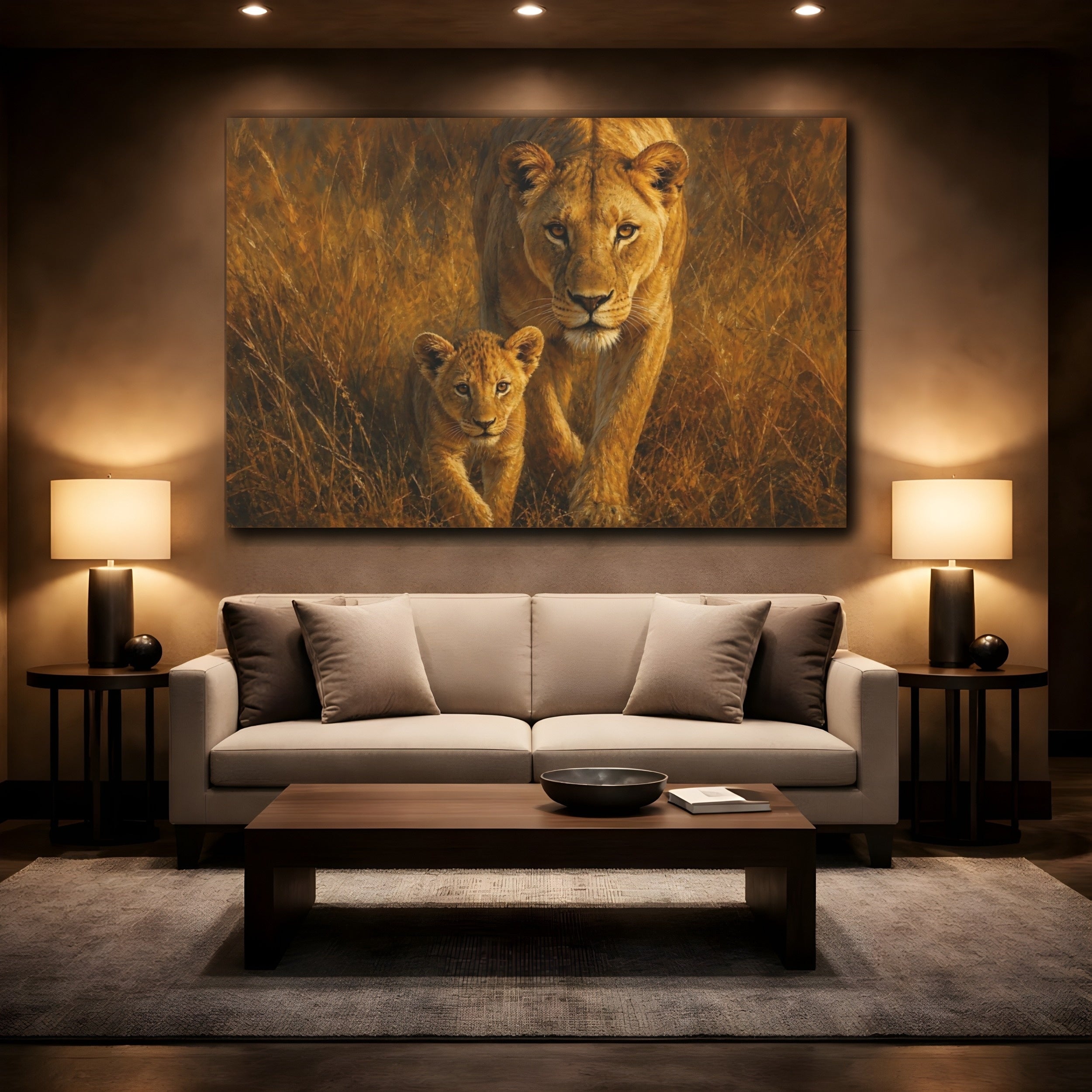 Mockup 2. Animals Lioness Cub Lioness Cub Gold shown as stretched canvas wall art