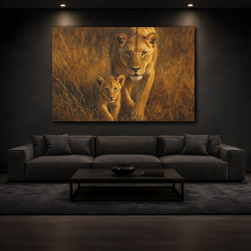 Mockup 3. Animals Lioness Cub Lioness Cub Gold shown as stretched canvas wall art