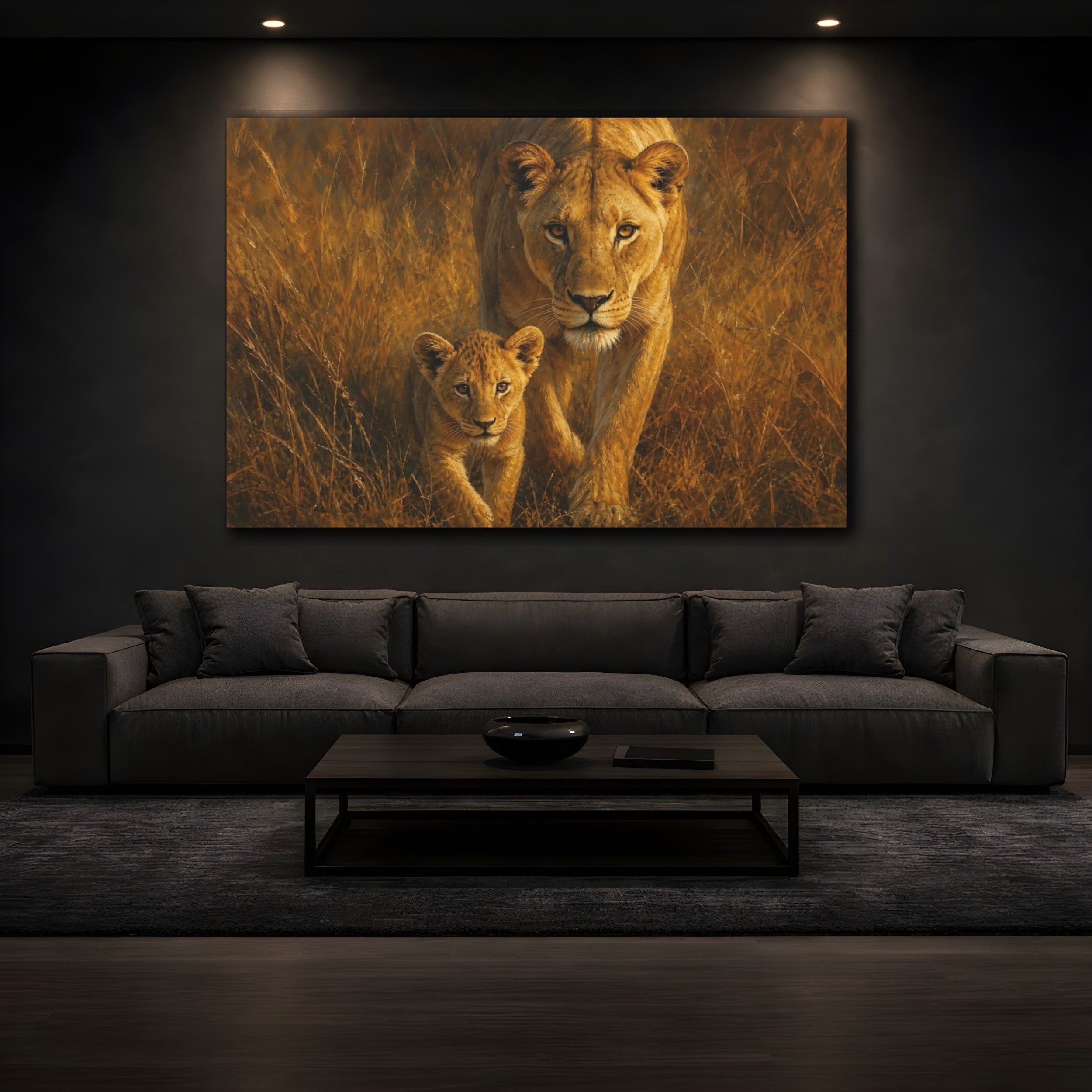 Mockup 3. Animals Lioness Cub Lioness Cub Gold shown as stretched canvas wall art