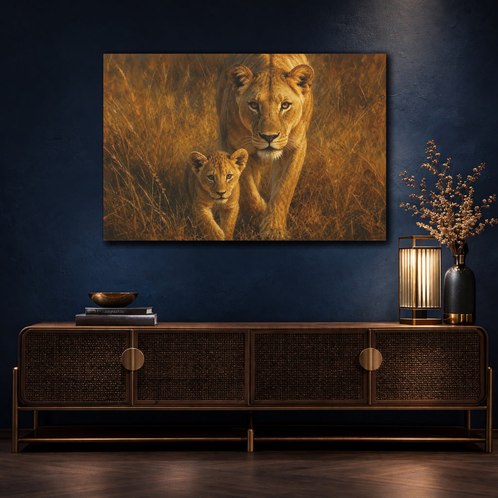 Mockup 4. Animals Lioness Cub Lioness Cub Gold shown as stretched canvas wall art