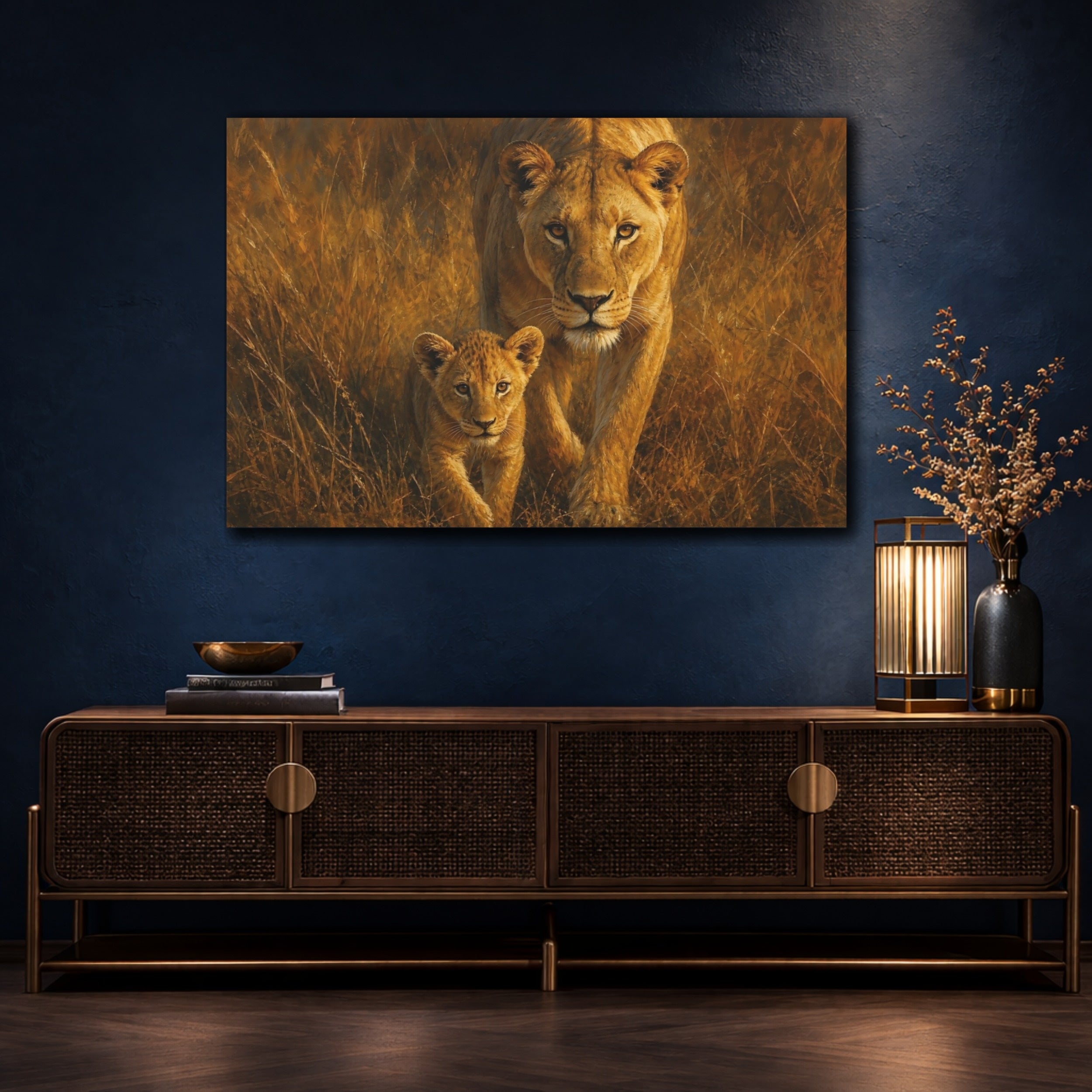 Mockup 4. Animals Lioness Cub Lioness Cub Gold shown as stretched canvas wall art