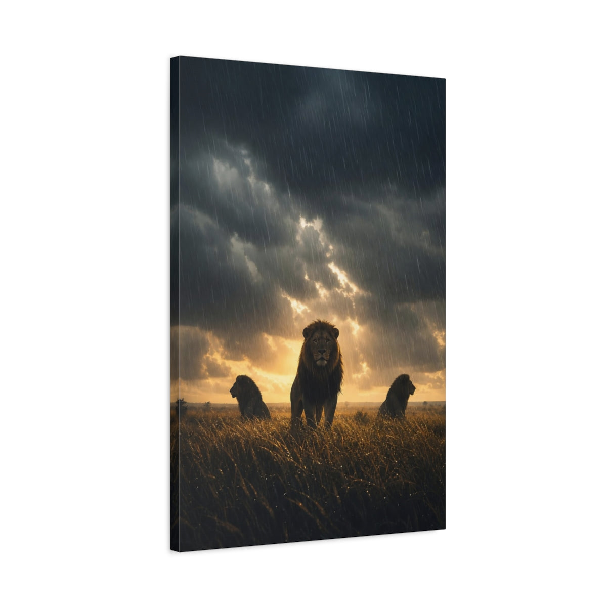 Side Mockup 2. Animals Lions Brown And Black shown as stretched canvas wall art