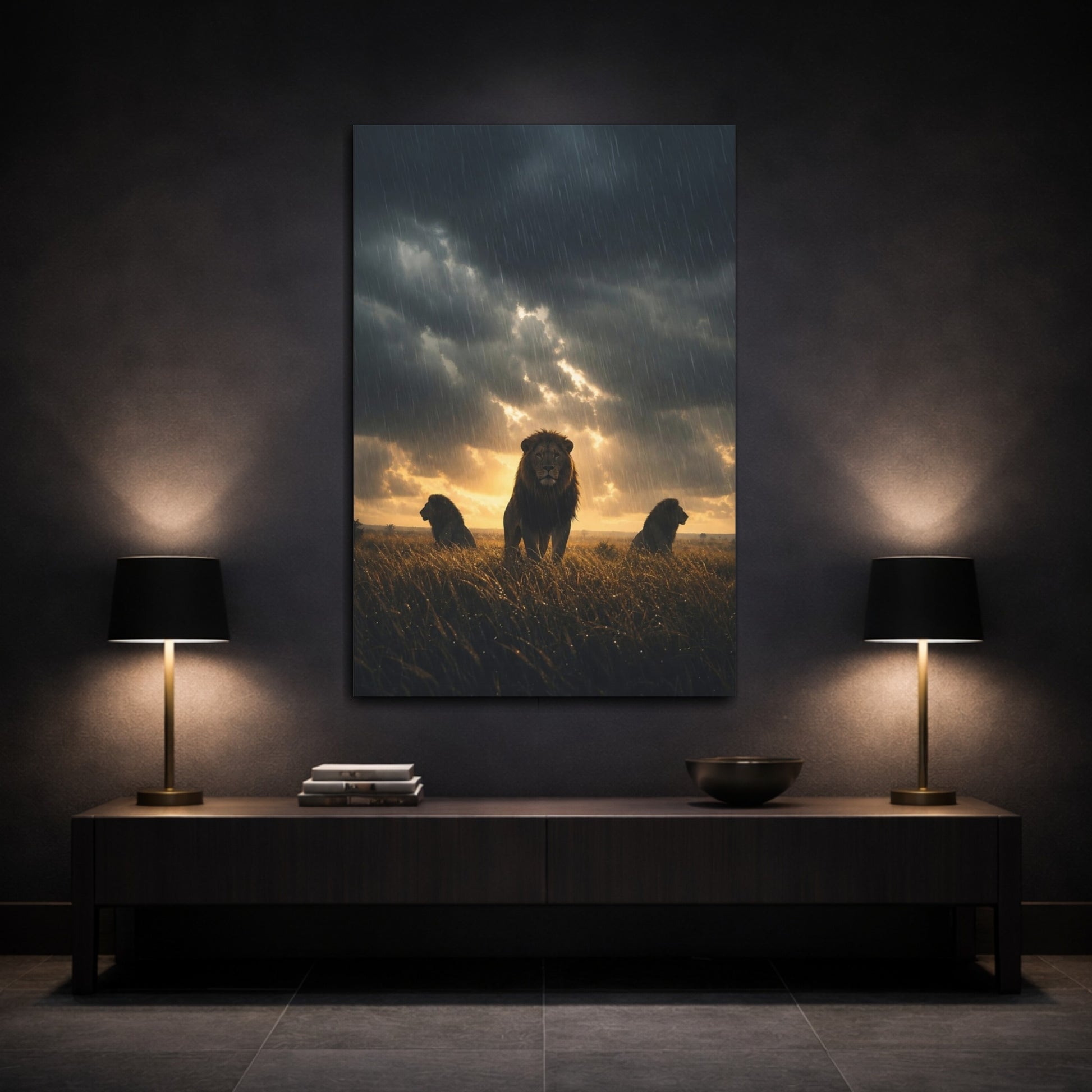 Mockup 3. Animals Lions Brown And Black shown as stretched canvas wall art