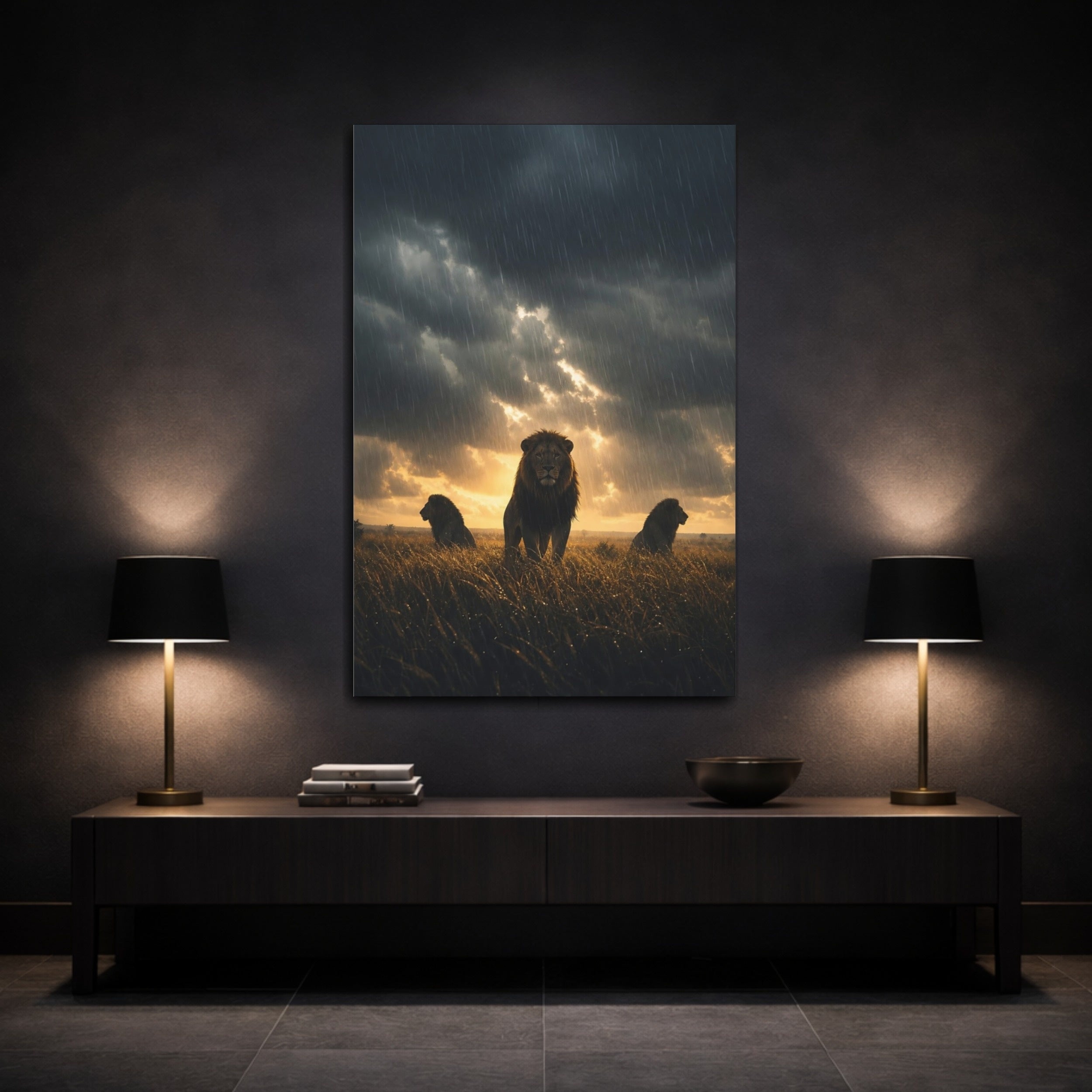 Mockup 3. Animals Lions Brown And Black shown as stretched canvas wall art