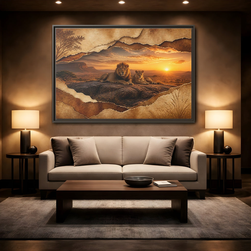 Mockup 2. Animals Lions Lions Sunset shown as stretched canvas wall art