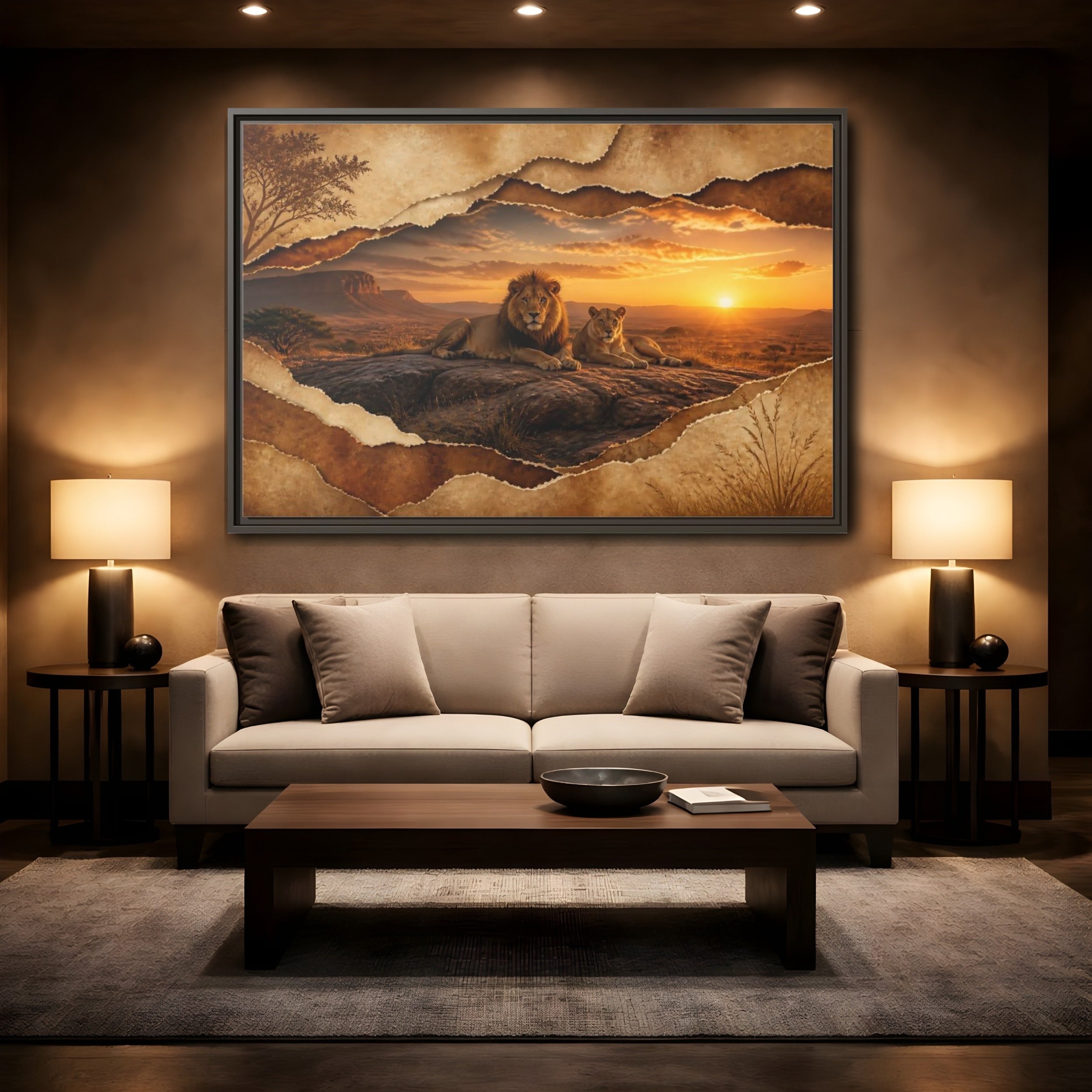 Mockup 2. Animals Lions Lions Sunset shown as stretched canvas wall art
