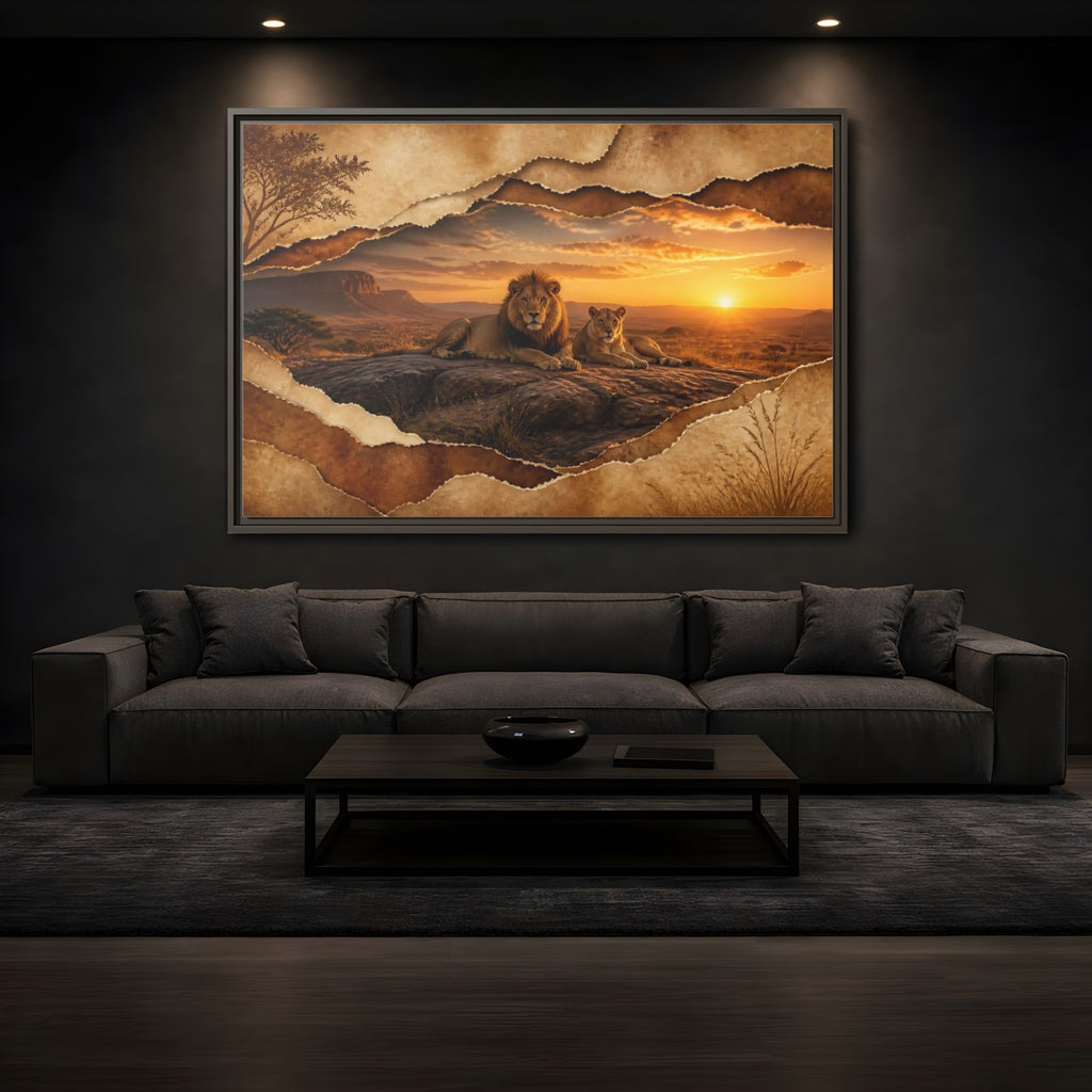 Mockup 3. Animals Lions Lions Sunset shown as stretched canvas wall art