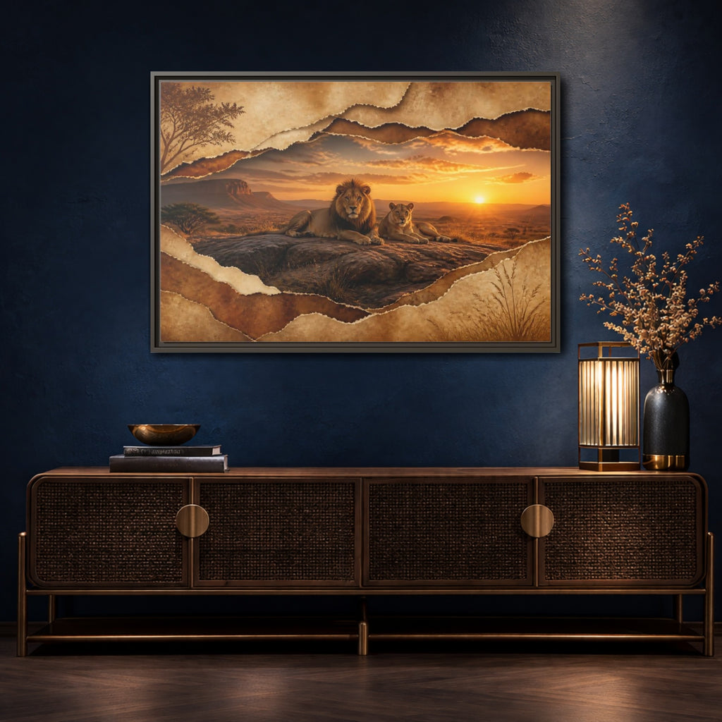 Mockup 4. Animals Lions Lions Sunset shown as stretched canvas wall art