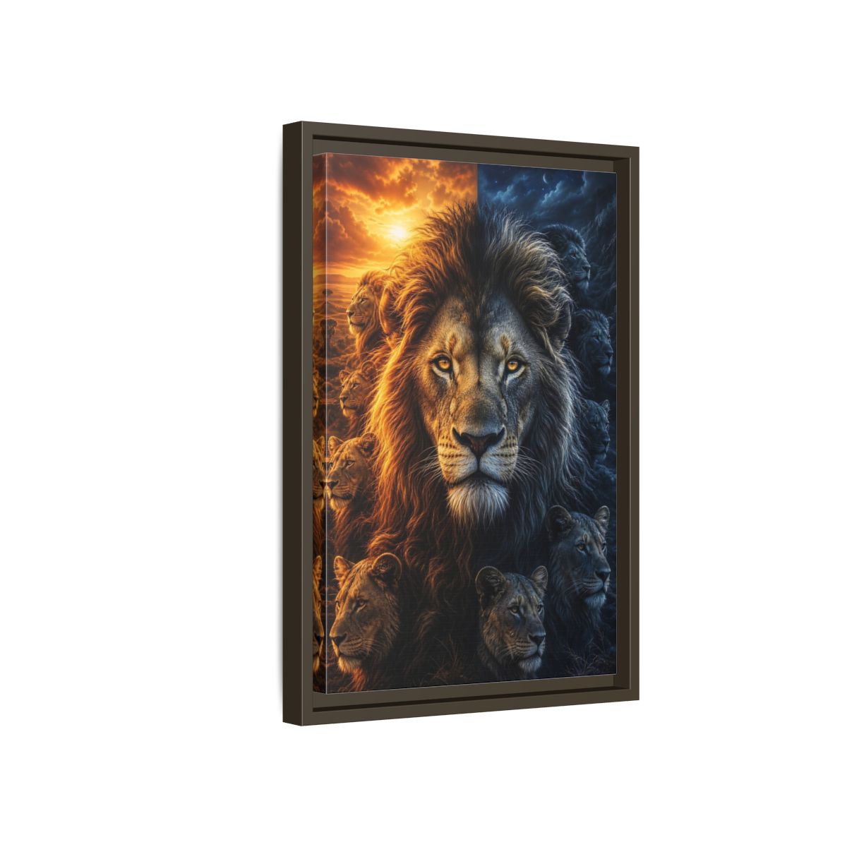 Side Mockup 5. Animals Lions Orange Blue Contrast shown as stretched canvas wall art