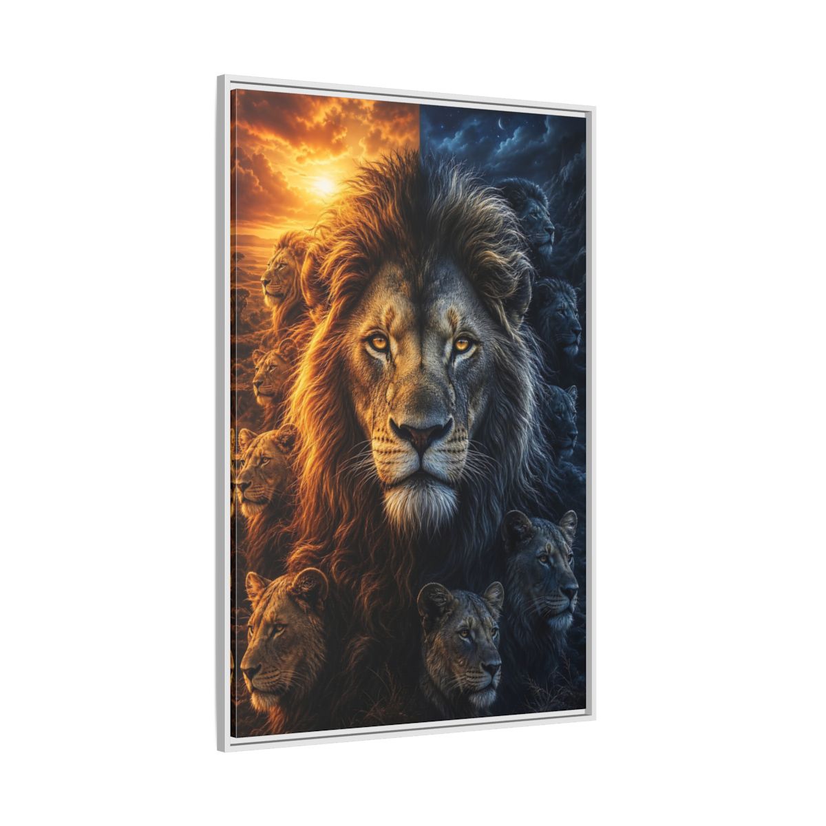 Side Mockup 7. Animals Lions Orange Blue Contrast shown as stretched canvas wall art