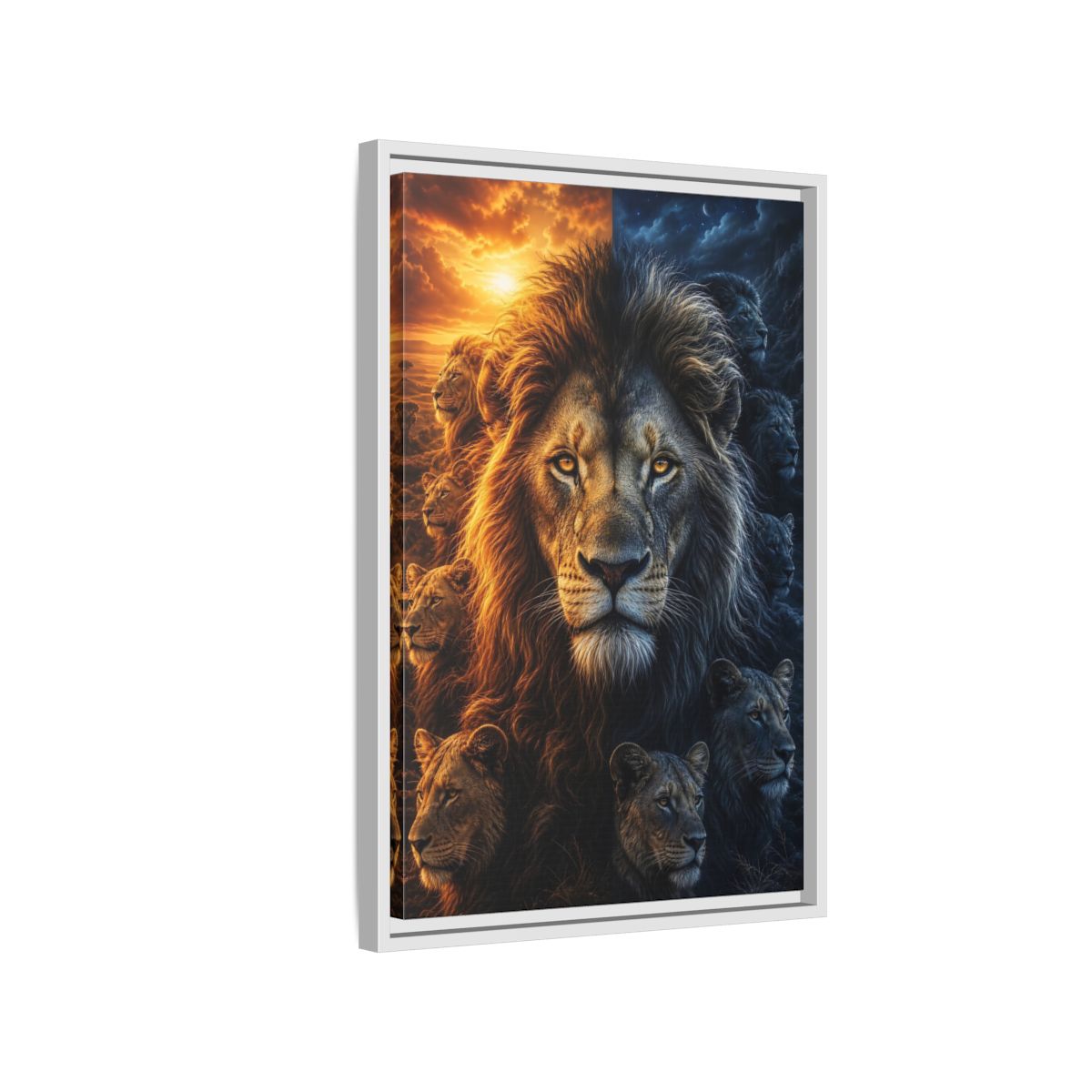 Side Mockup 1. Animals Lions Orange Blue Contrast shown as stretched canvas wall art