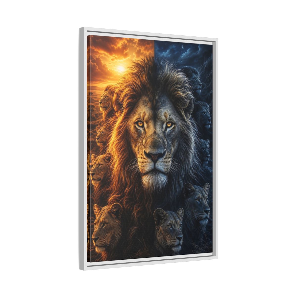 Side Mockup 10. Animals Lions Orange Blue Contrast shown as stretched canvas wall art