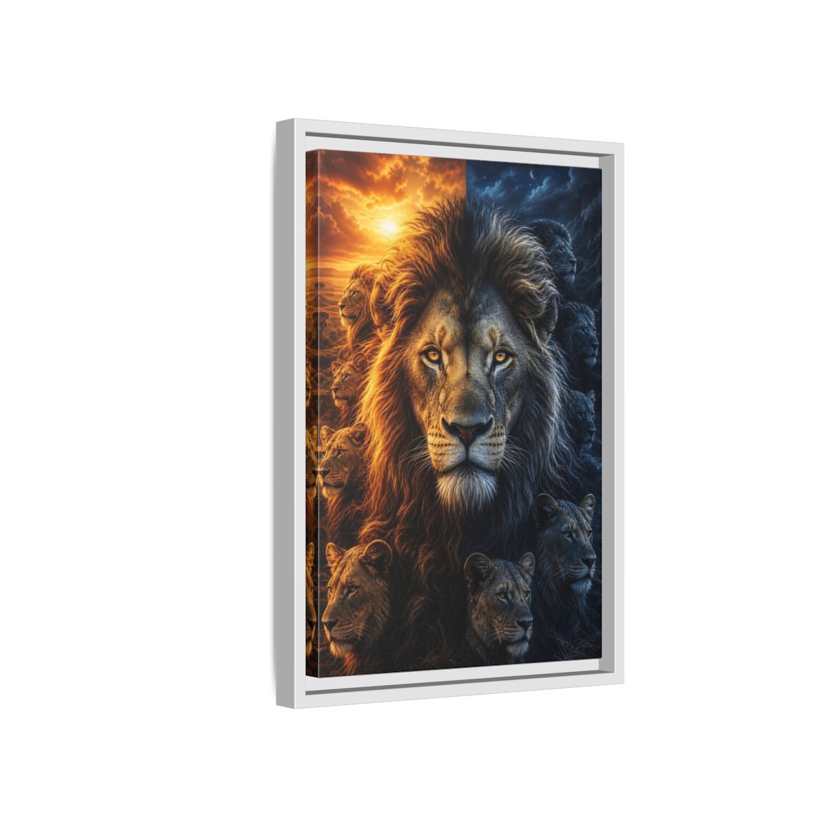 Side Mockup 4. Animals Lions Orange Blue Contrast shown as stretched canvas wall art