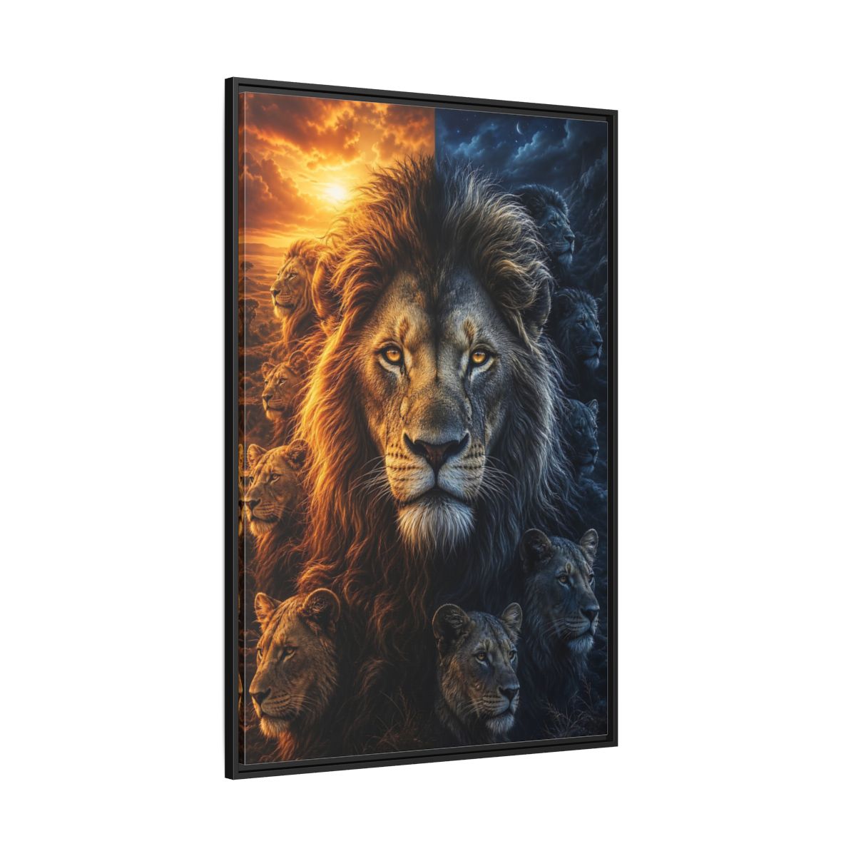 Side Mockup 12. Animals Lions Orange Blue Contrast shown as stretched canvas wall art