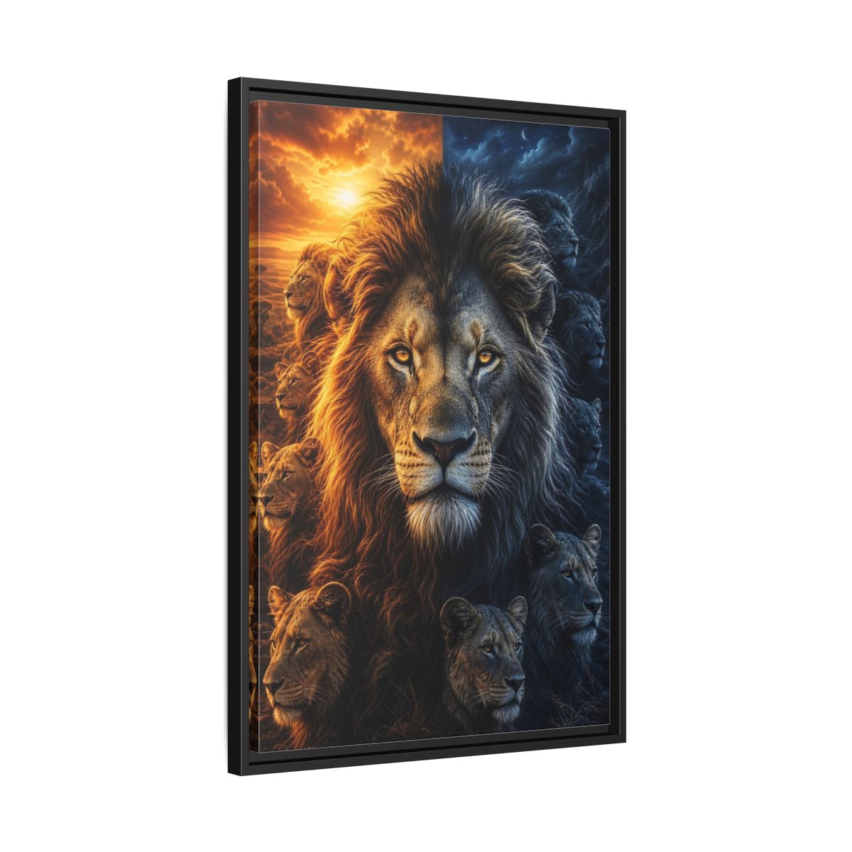 Side Mockup 14. Animals Lions Orange Blue Contrast shown as stretched canvas wall art