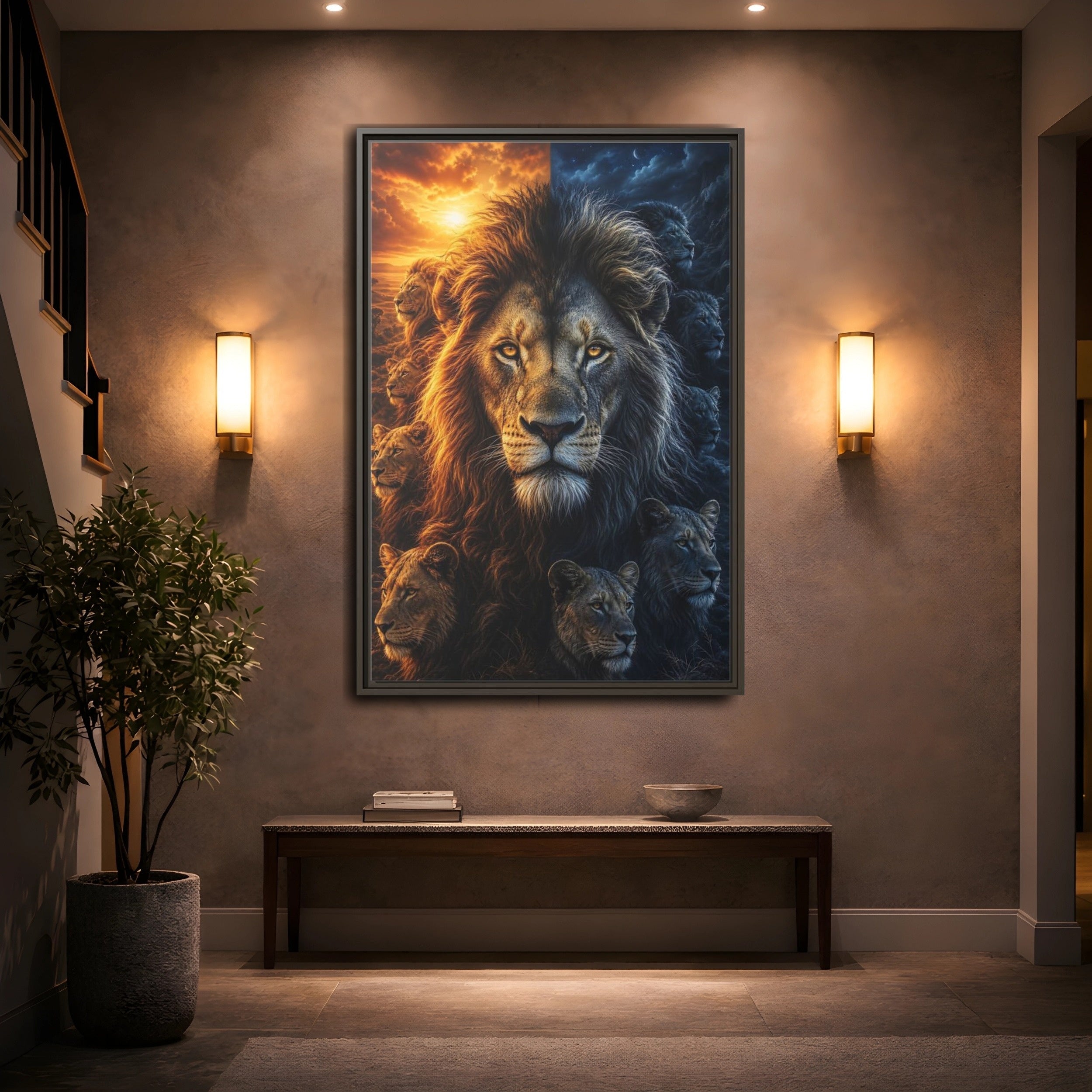 Mockup 2. Animals Lions Orange Blue Contrast shown as stretched canvas wall art