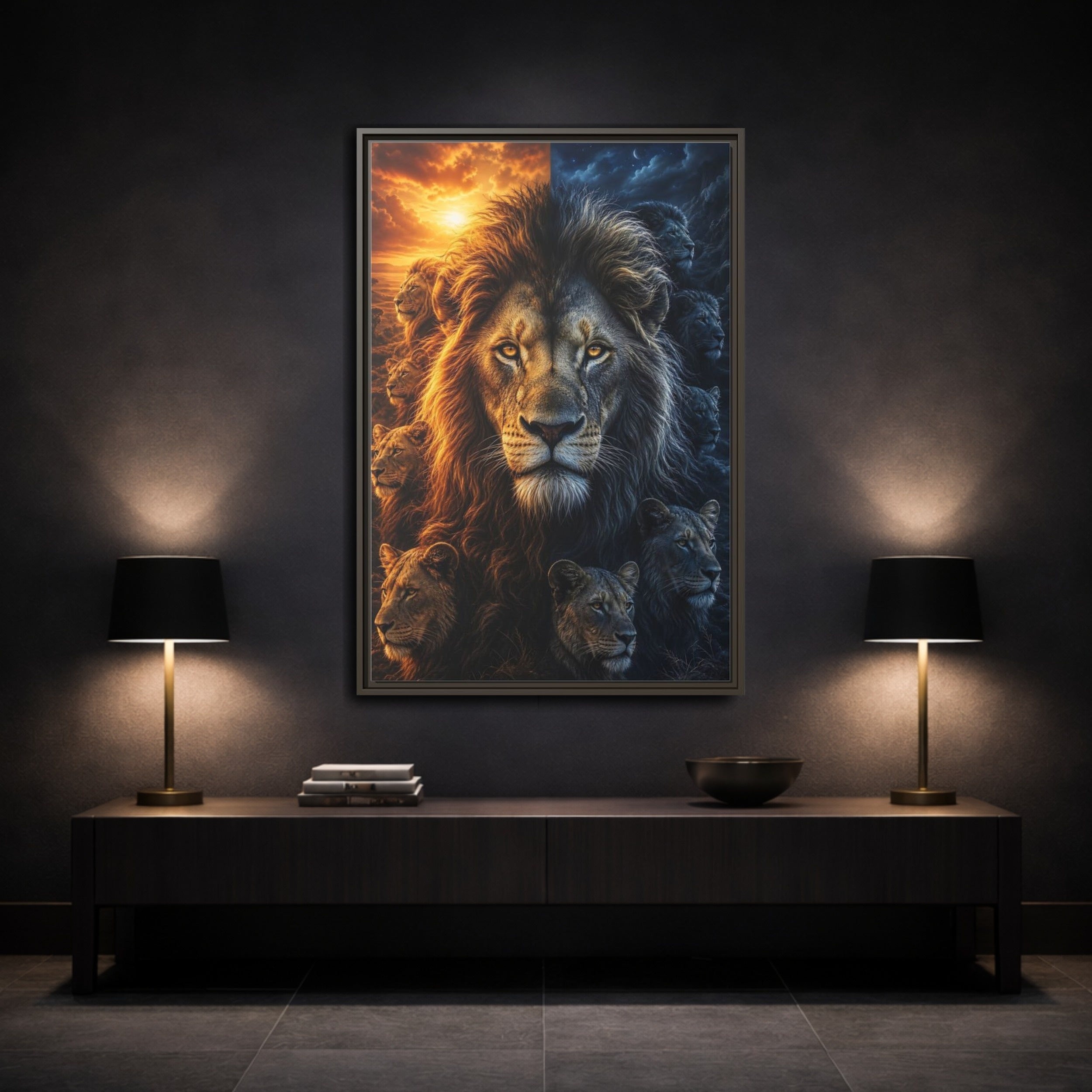 Mockup 3. Animals Lions Orange Blue Contrast shown as stretched canvas wall art