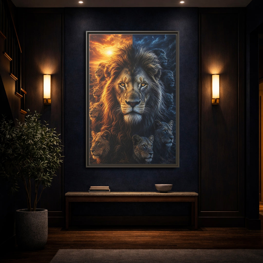 Mockup 4. Animals Lions Orange Blue Contrast shown as stretched canvas wall art
