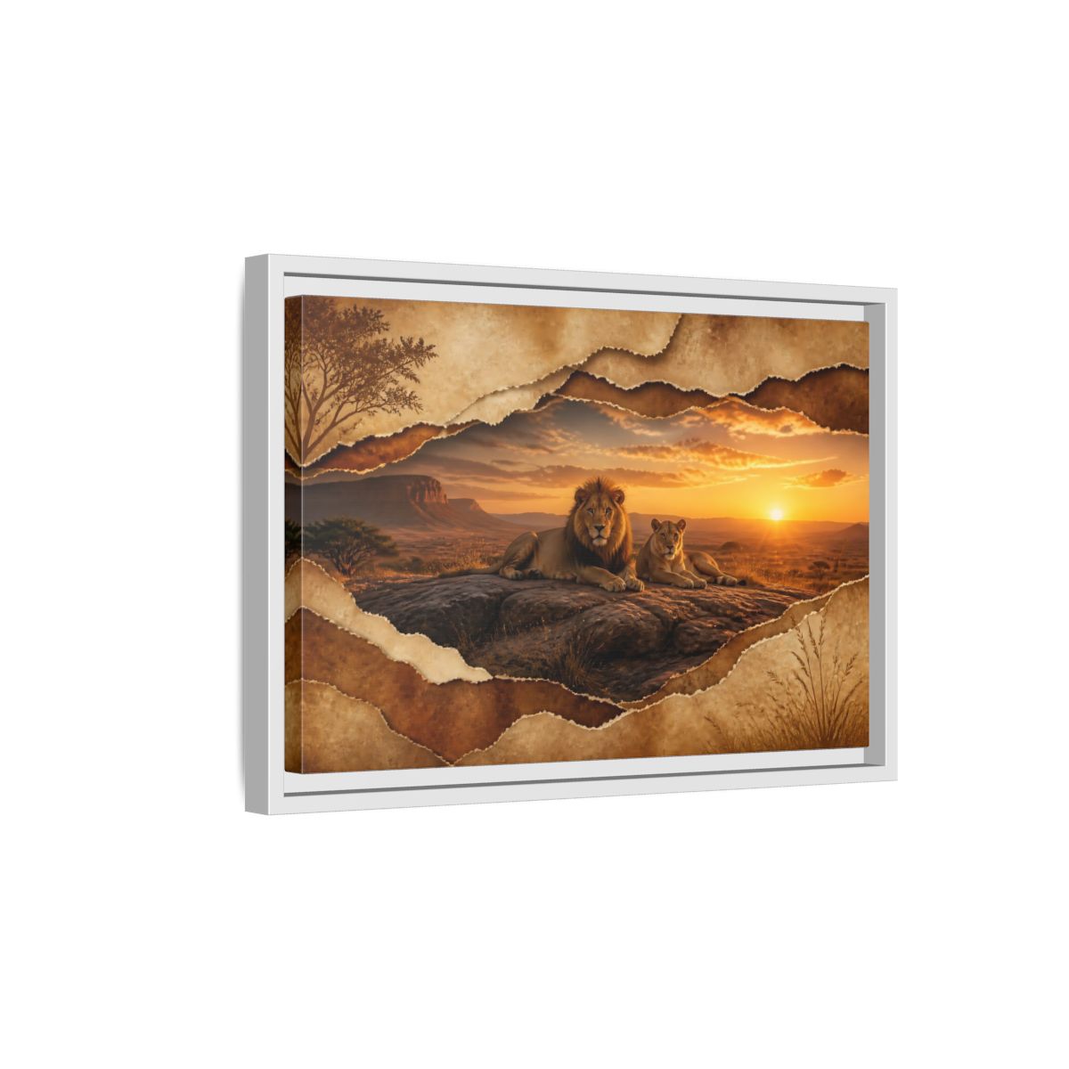 Side Mockup 4. Animals Lions Lions Sunset shown as stretched canvas wall art
