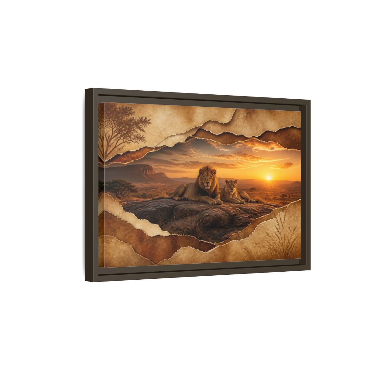 Side Mockup 5. Animals Lions Lions Sunset shown as stretched canvas wall art