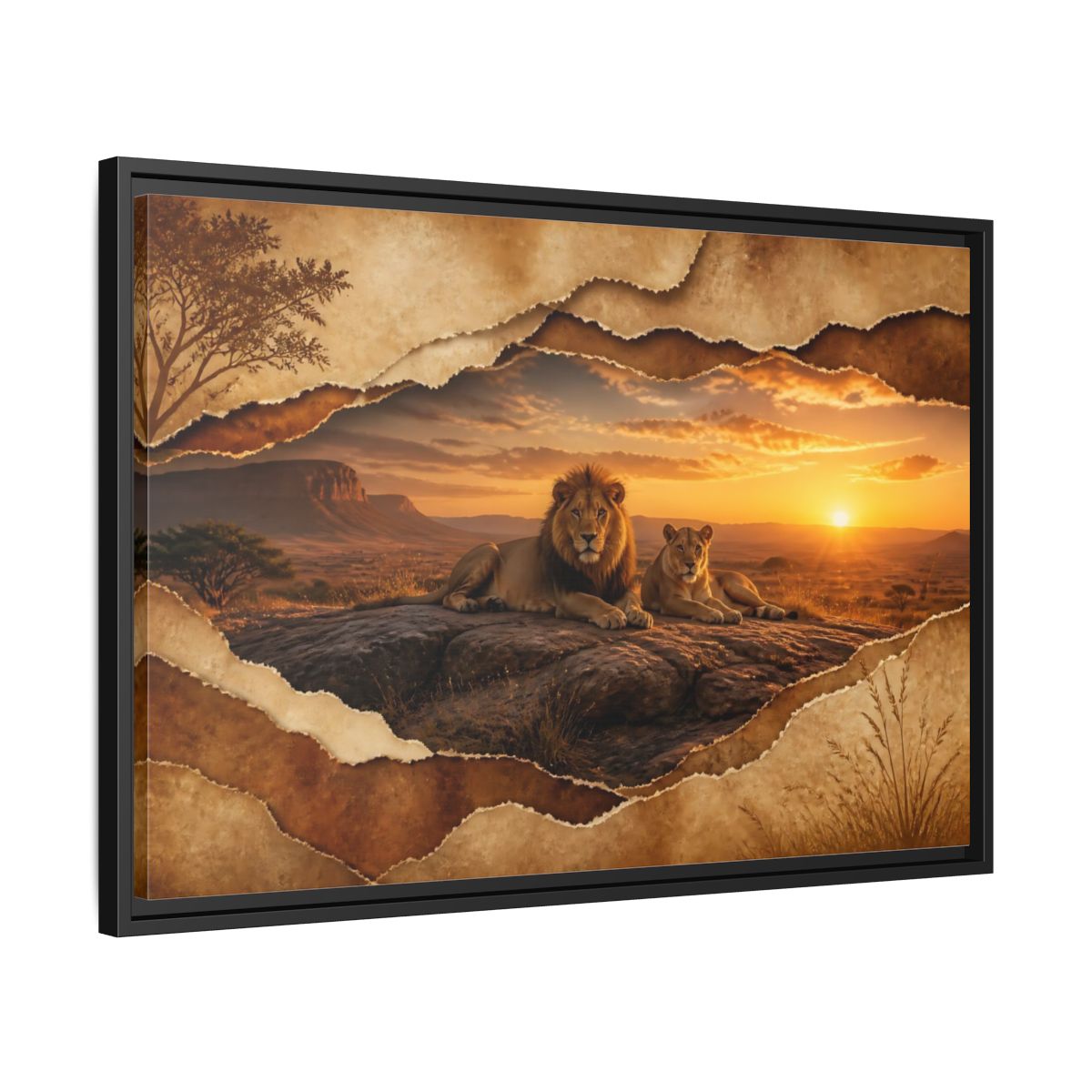 Side Mockup 14. Animals Lions Lions Sunset shown as stretched canvas wall art
