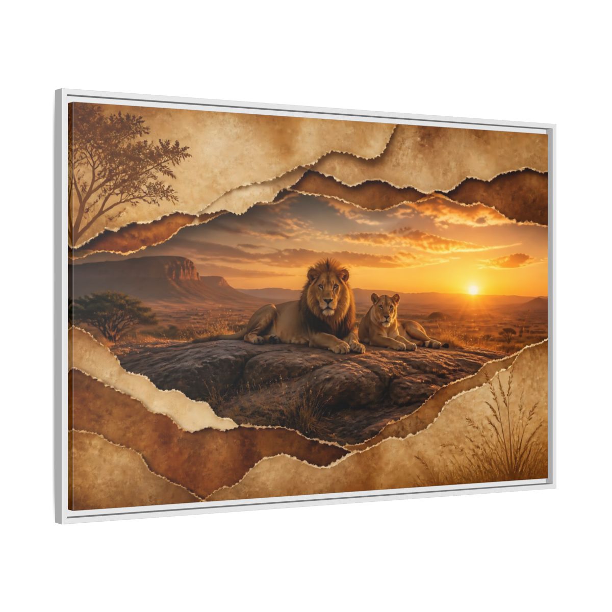 Side Mockup 7. Animals Lions Lions Sunset shown as stretched canvas wall art