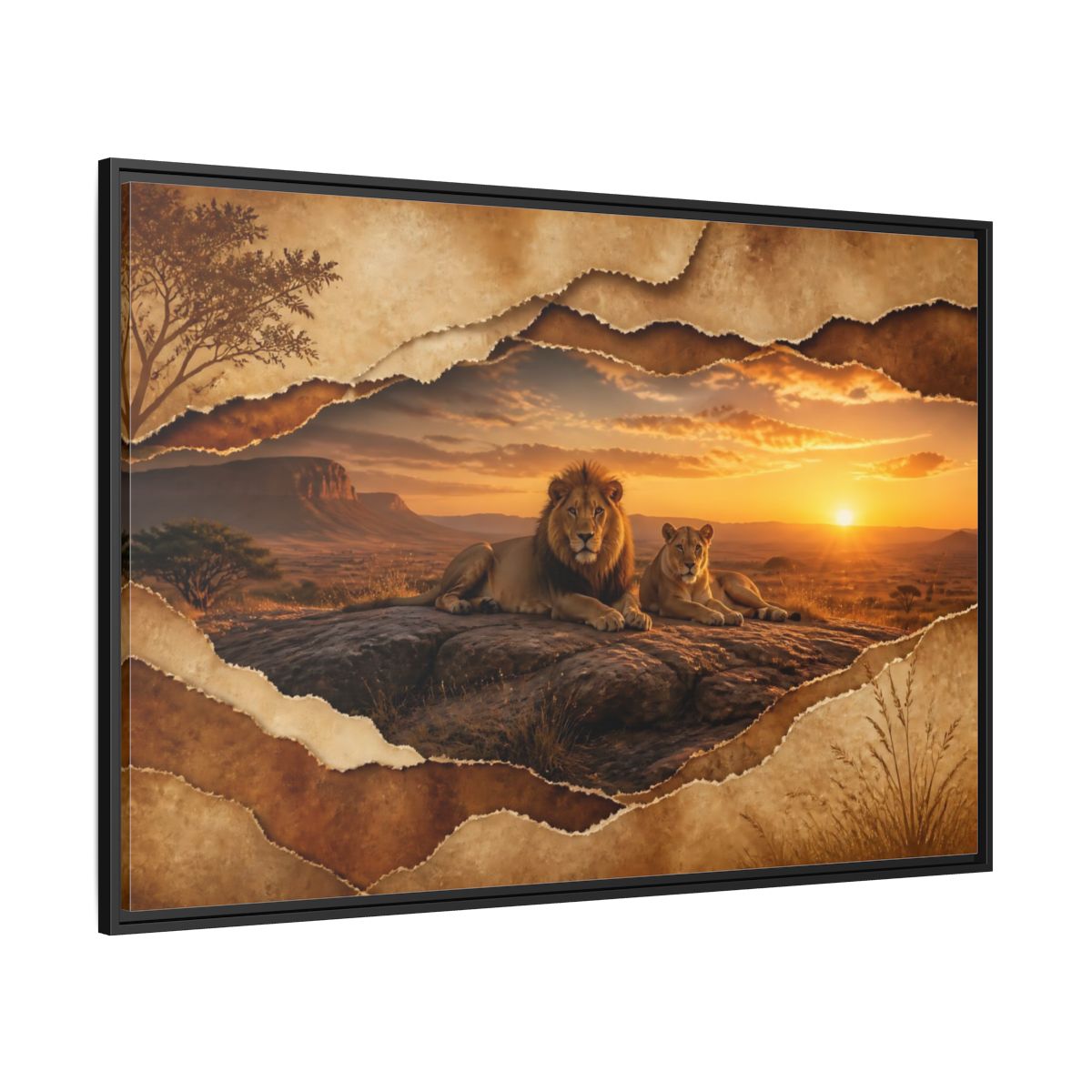 Side Mockup 12. Animals Lions Lions Sunset shown as stretched canvas wall art