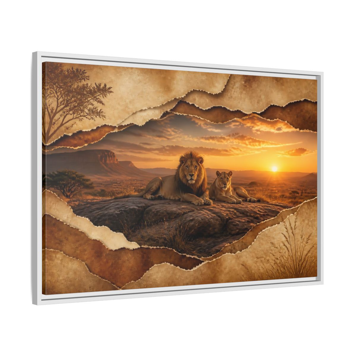 Side Mockup 9. Animals Lions Lions Sunset shown as stretched canvas wall art
