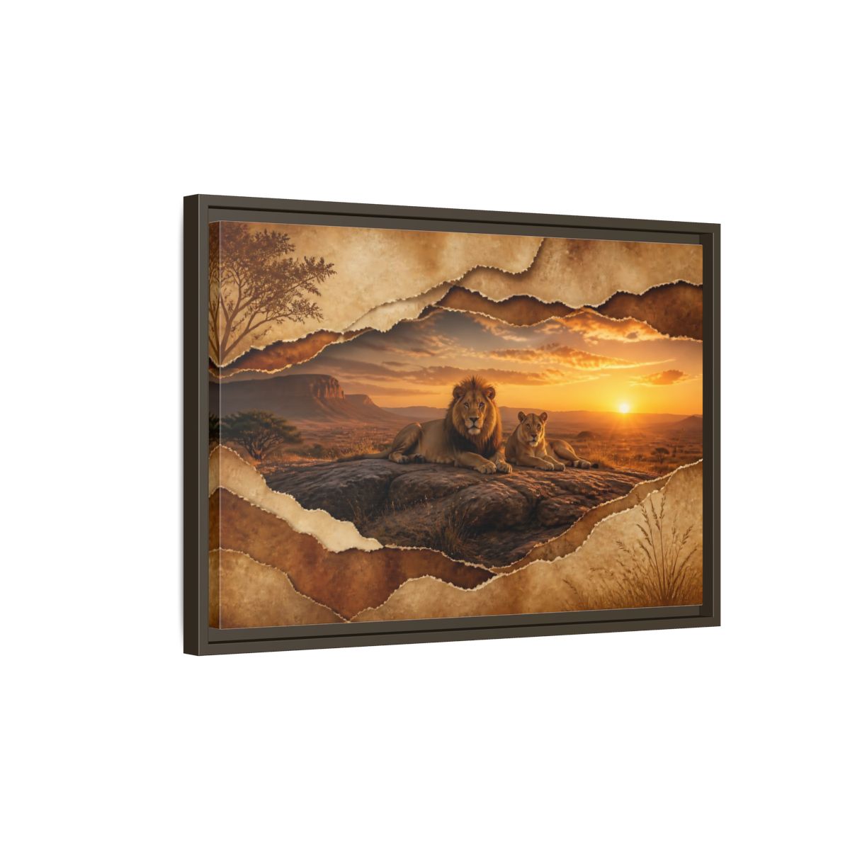 Side Mockup 2. Animals Lions Lions Sunset shown as stretched canvas wall art