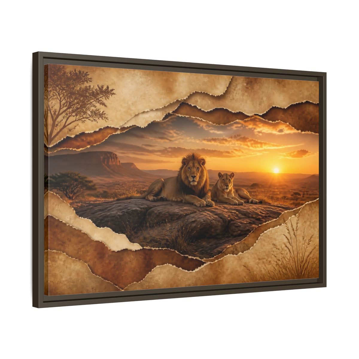 Side Mockup 11. Animals Lions Lions Sunset shown as stretched canvas wall art