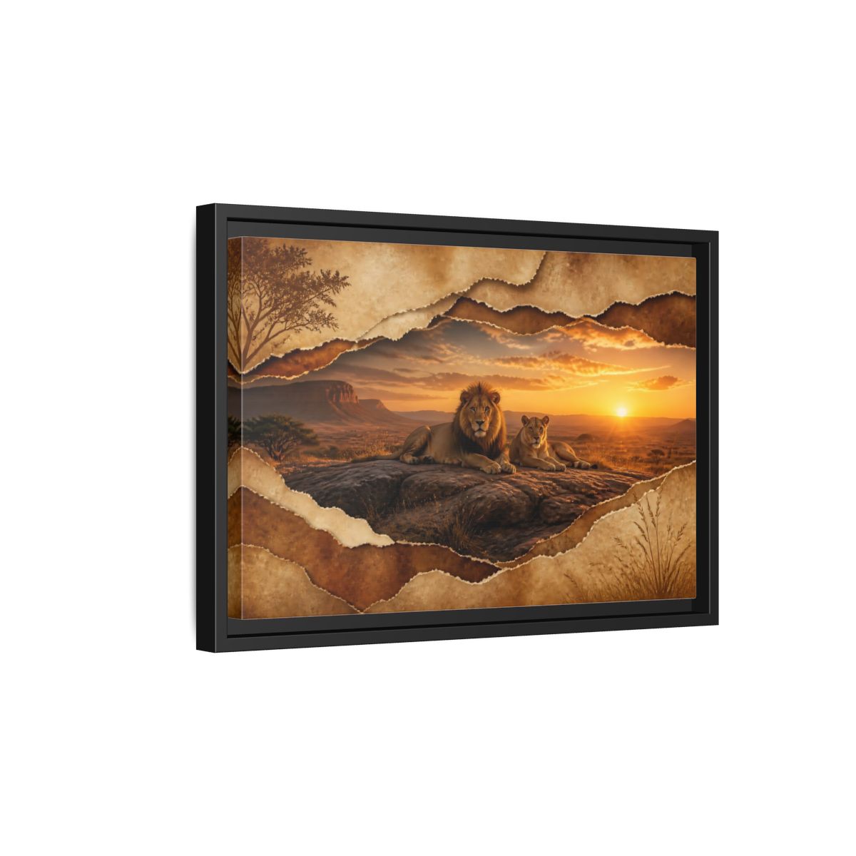 Side Mockup 6. Animals Lions Lions Sunset shown as stretched canvas wall art