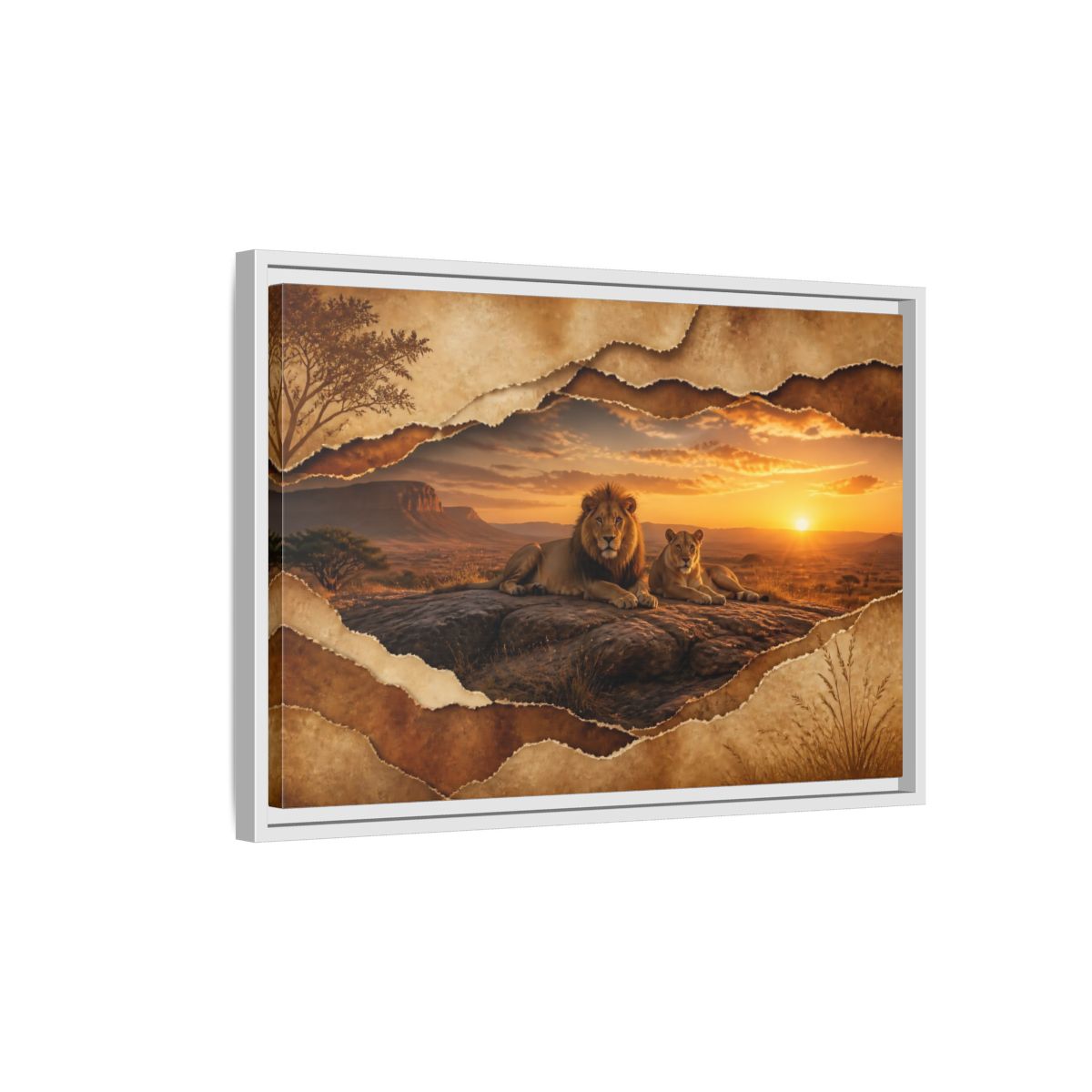 Side Mockup 1. Animals Lions Lions Sunset shown as stretched canvas wall art