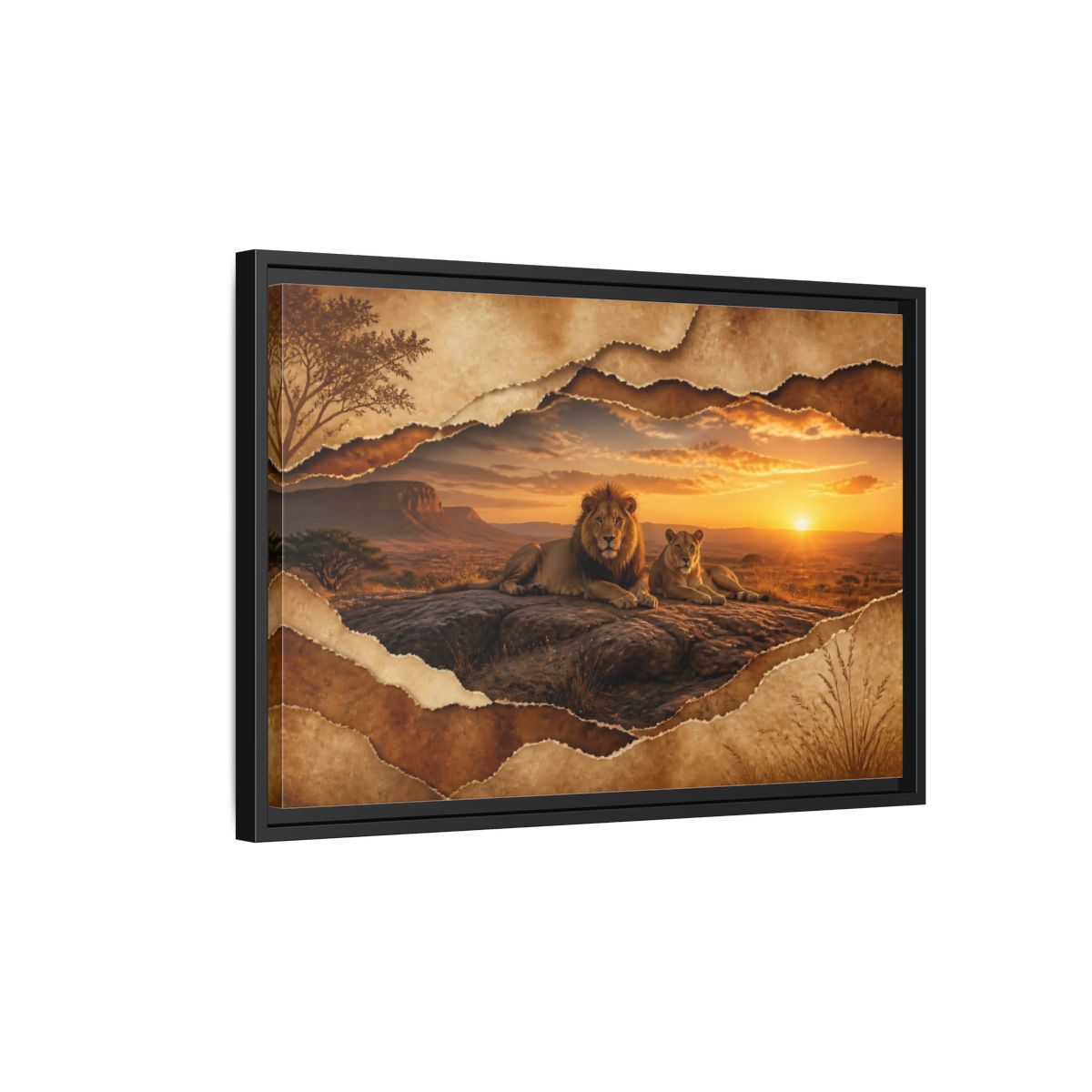 Side Mockup 3. Animals Lions Lions Sunset shown as stretched canvas wall art