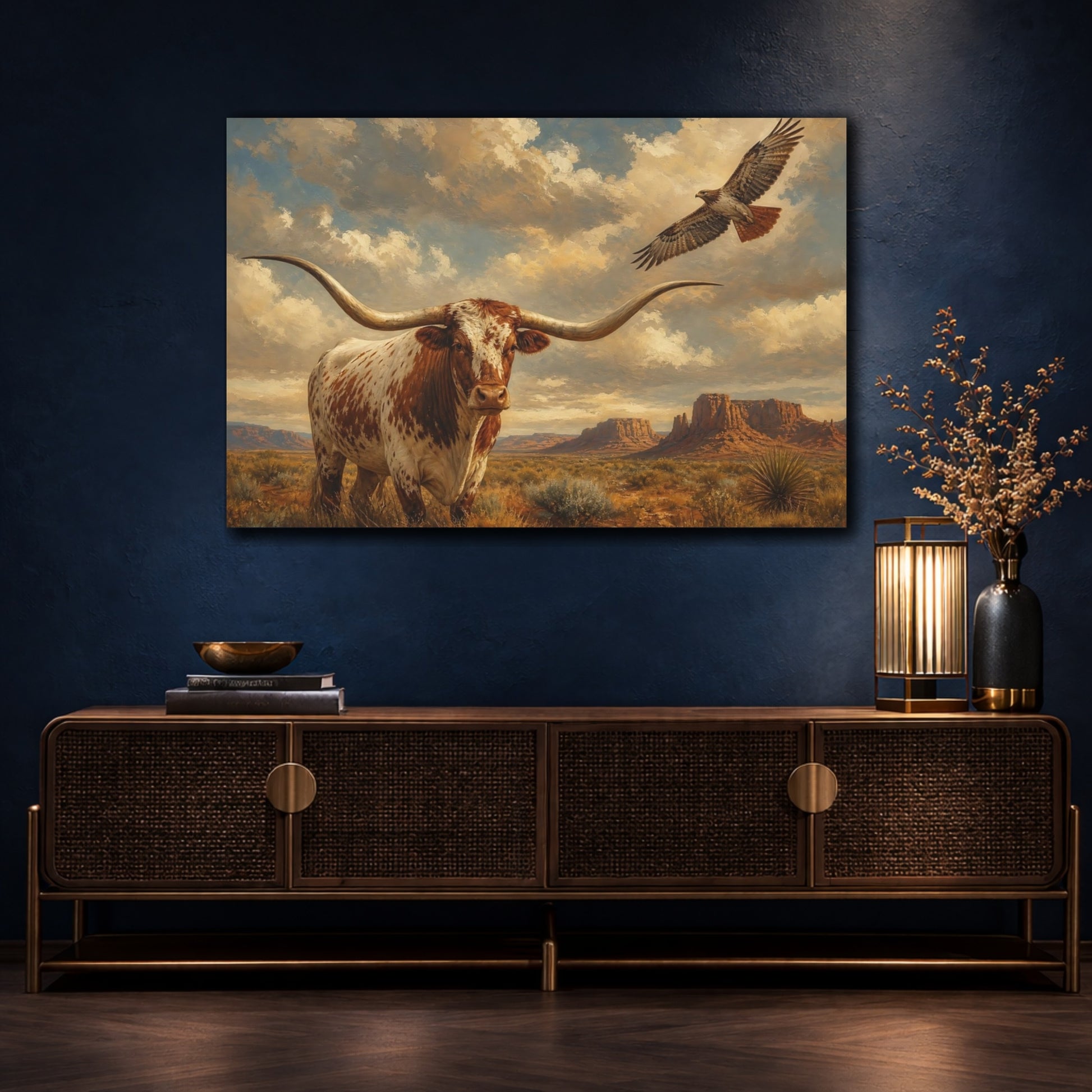 Mockup 4. Animals Longhorn Brown Longhorn shown as stretched canvas wall art