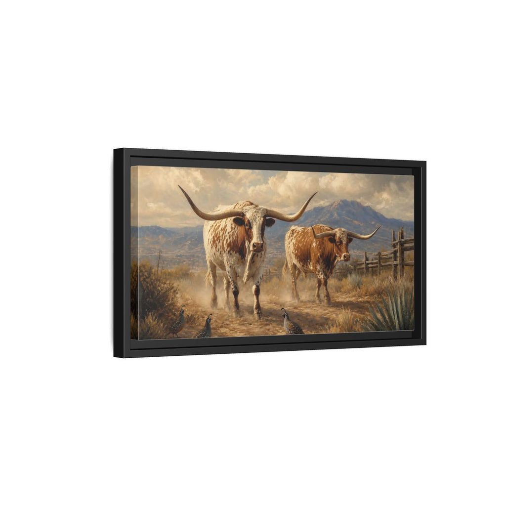 Side Mockup 8. Animals Longhorn Cattle Brown White Longhorn shown as stretched canvas wall art