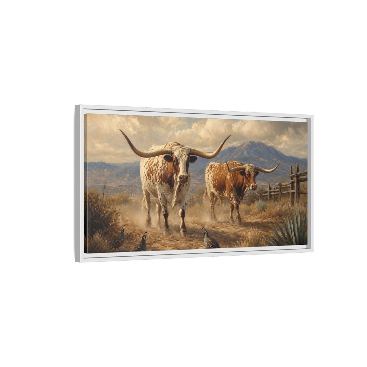 Side Mockup 1. Animals Longhorn Cattle Brown White Longhorn shown as stretched canvas wall art