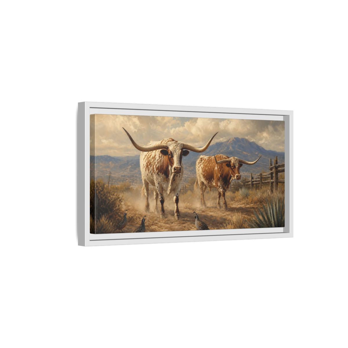 Side Mockup 6. Animals Longhorn Cattle Brown White Longhorn shown as stretched canvas wall art