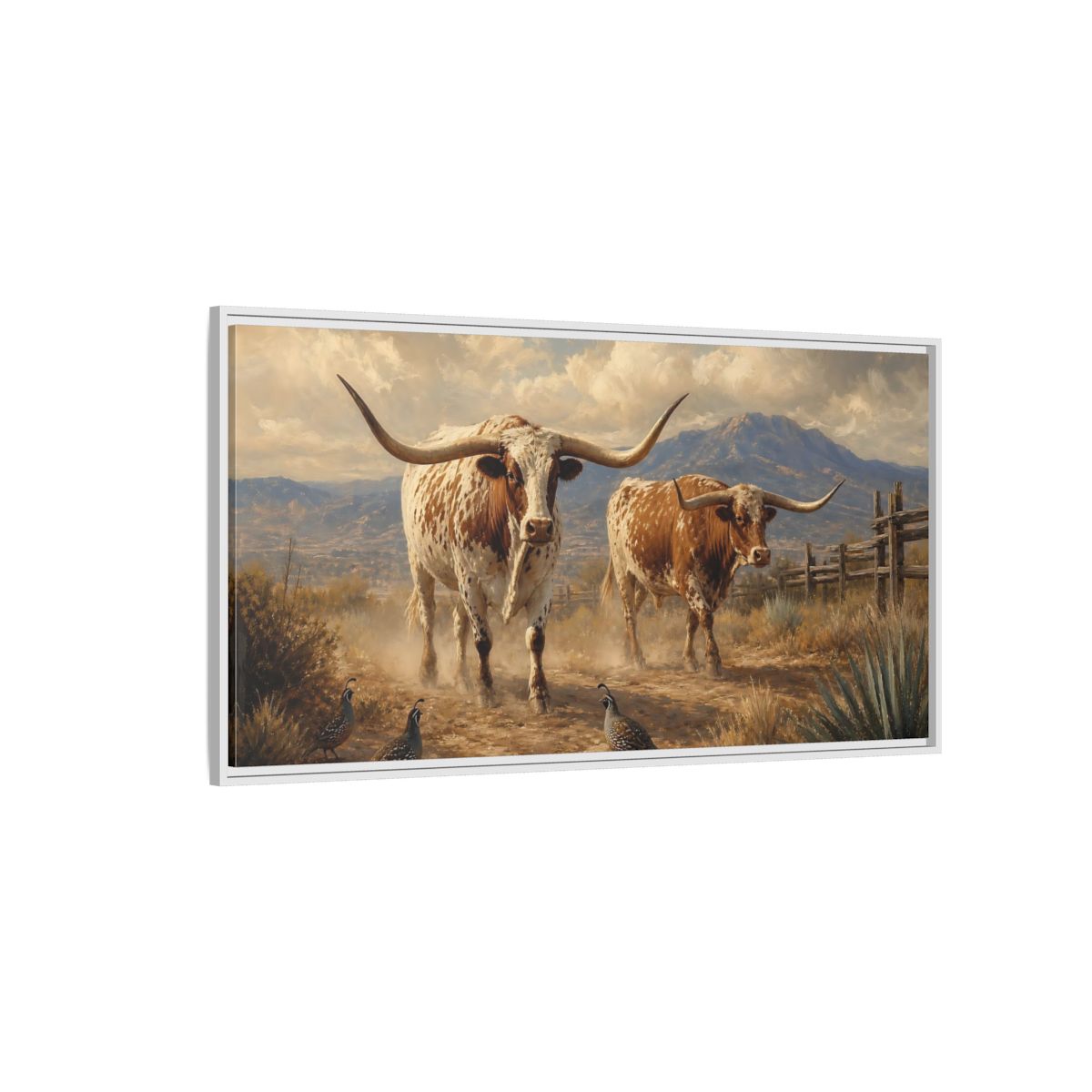 Side Mockup 3. Animals Longhorn Cattle Brown White Longhorn shown as stretched canvas wall art
