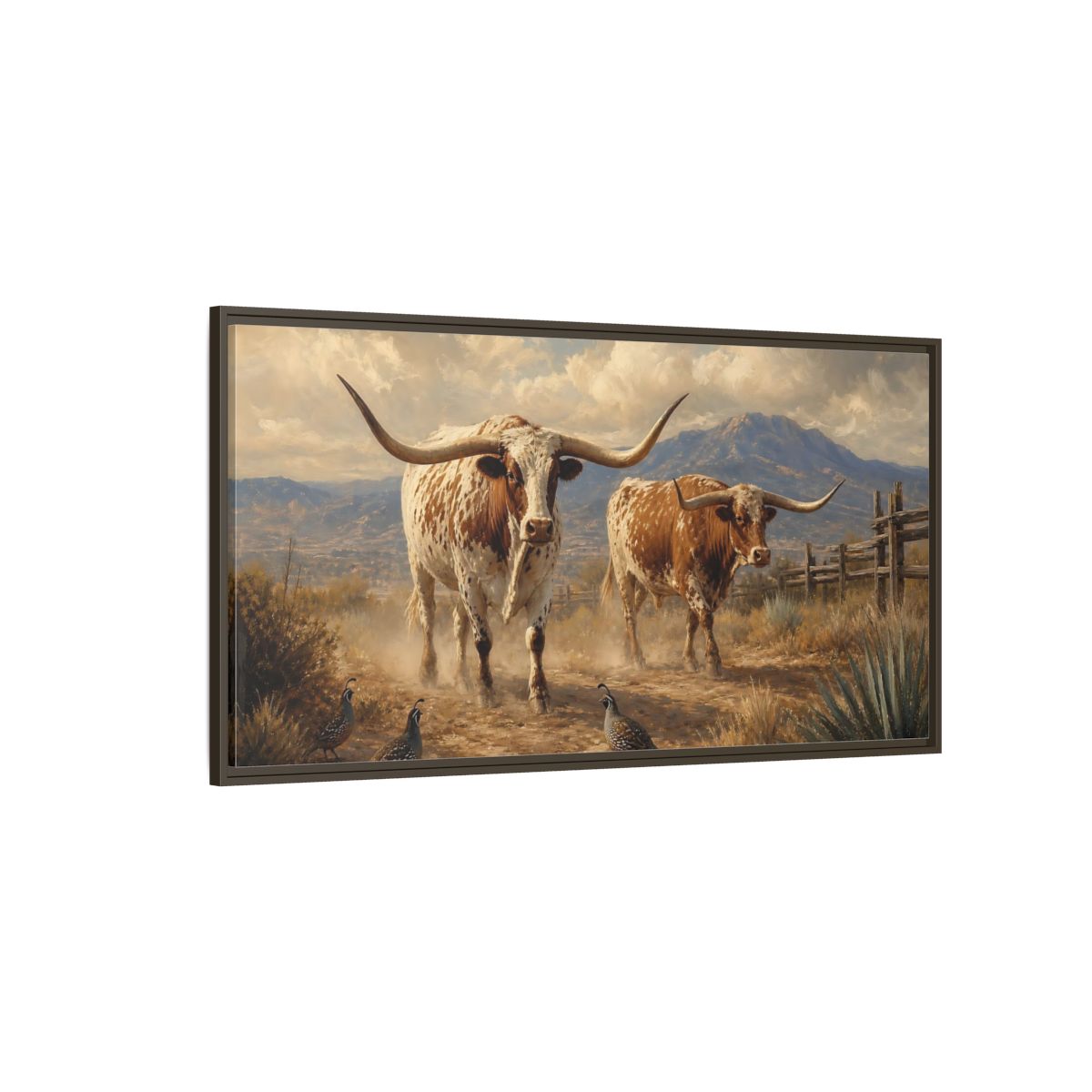 Side Mockup 4. Animals Longhorn Cattle Brown White Longhorn shown as stretched canvas wall art