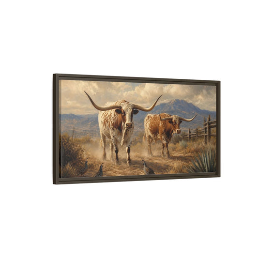 Main Mockup. Animals Longhorn Cattle Brown White Longhorn shown as stretched canvas wall art