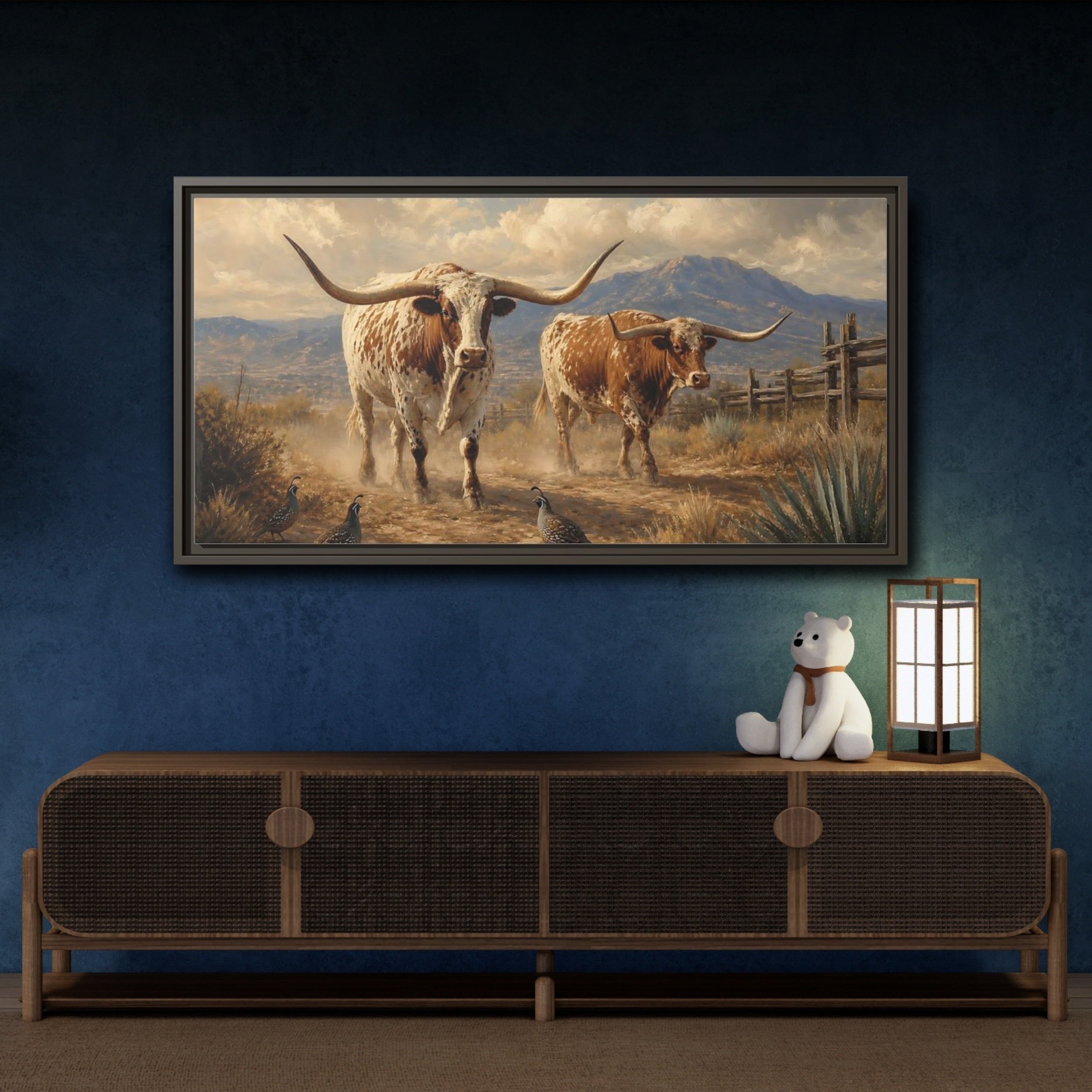 Mockup 4. Animals Longhorn Cattle Brown White Longhorn shown as stretched canvas wall art