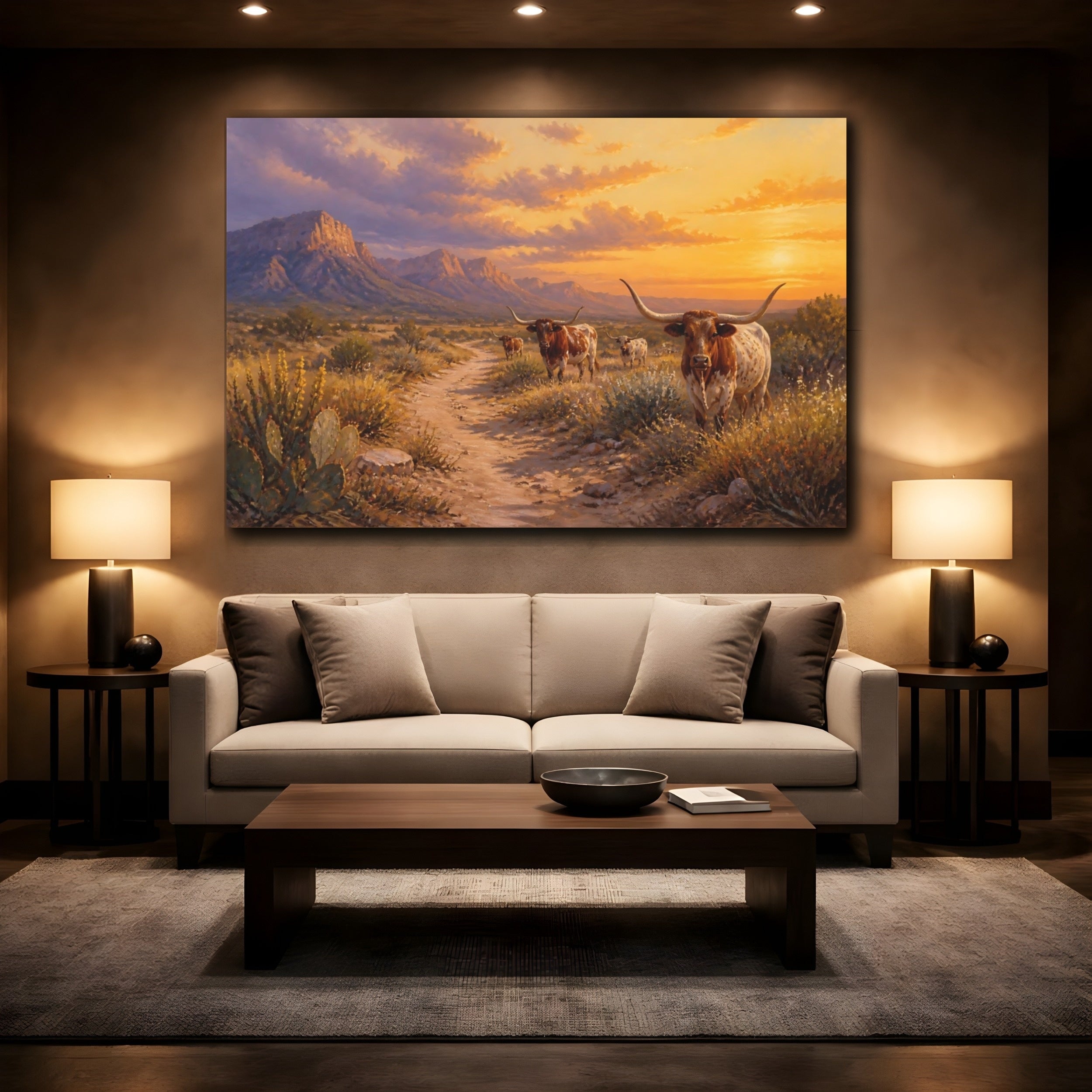 Mockup 2. Animals Longhorn Cattle Western Longhorn shown as stretched canvas wall art