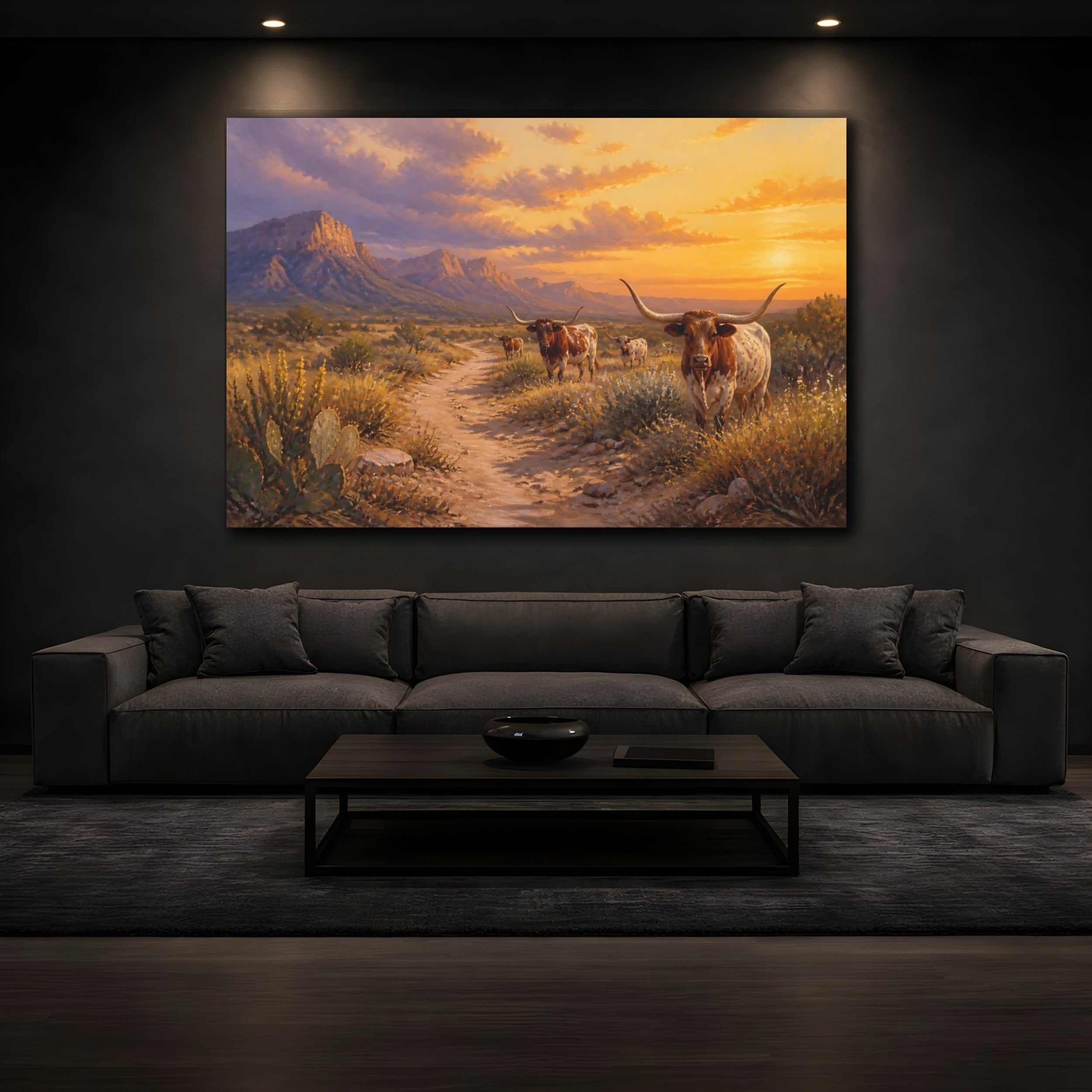 Mockup 3. Animals Longhorn Cattle Western Longhorn shown as stretched canvas wall art