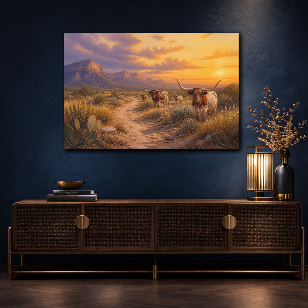 Mockup 4. Animals Longhorn Cattle Western Longhorn shown as stretched canvas wall art