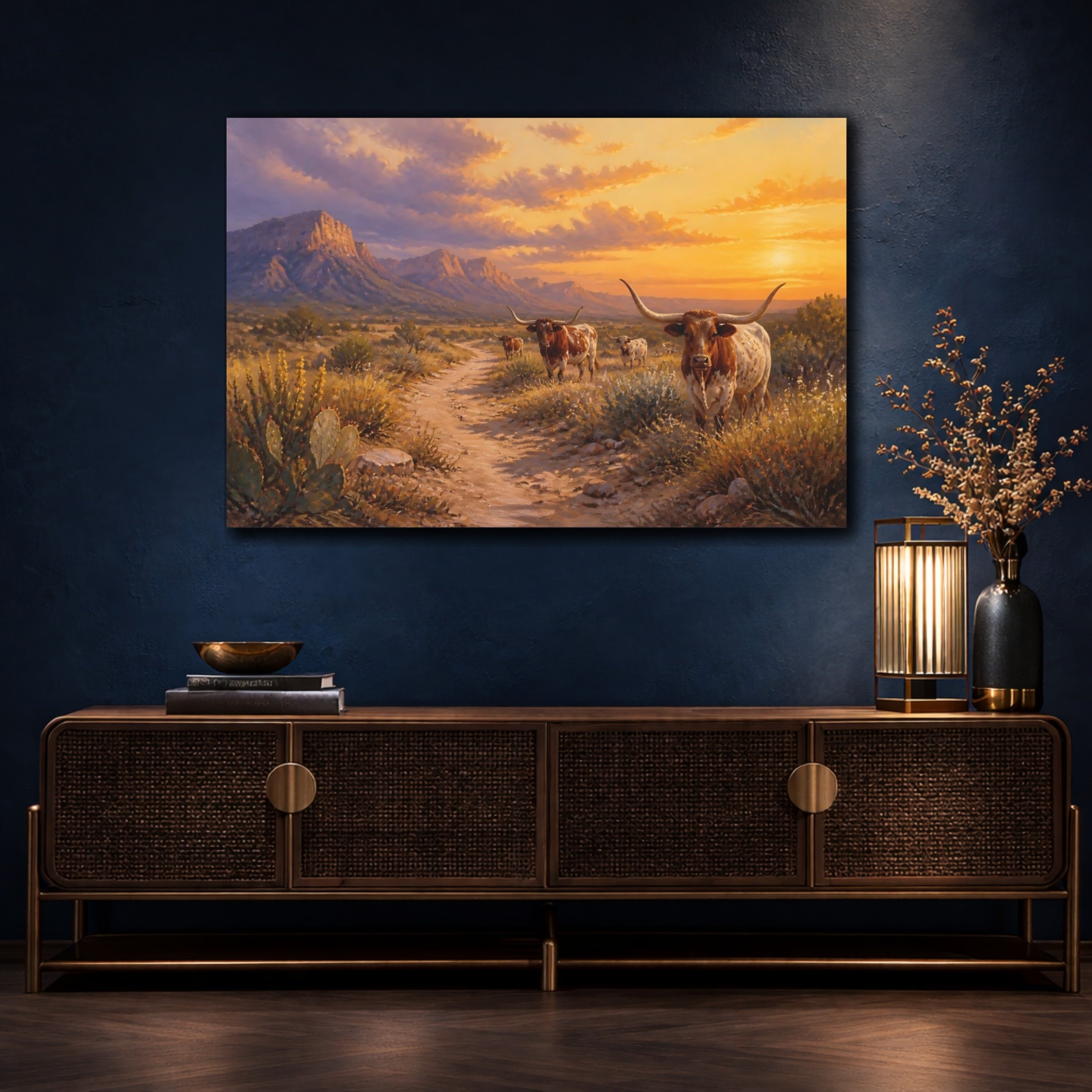 Mockup 4. Animals Longhorn Cattle Western Longhorn shown as stretched canvas wall art