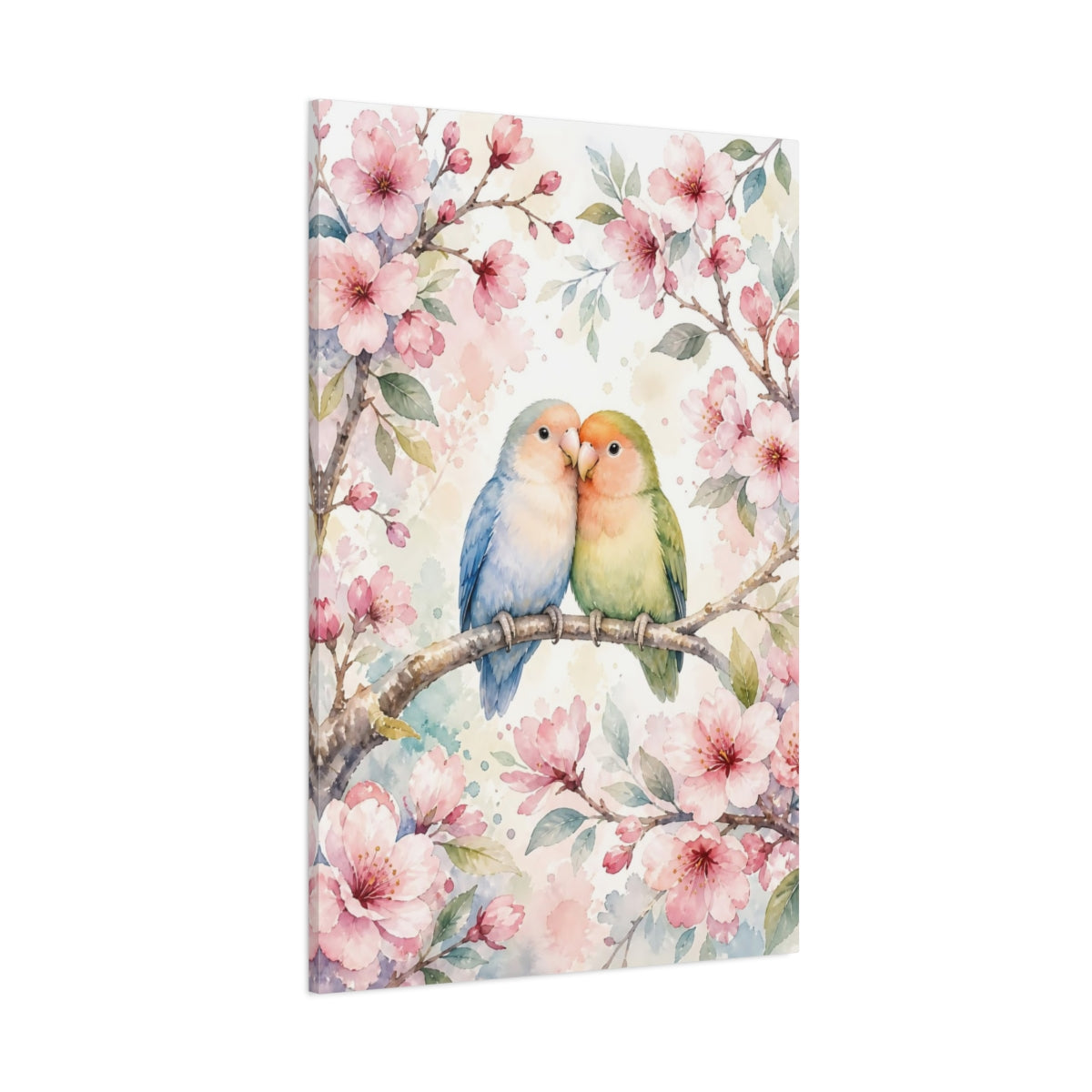 Side Mockup 1. Animals Lovebirds Pink Green Birds shown as stretched canvas wall art