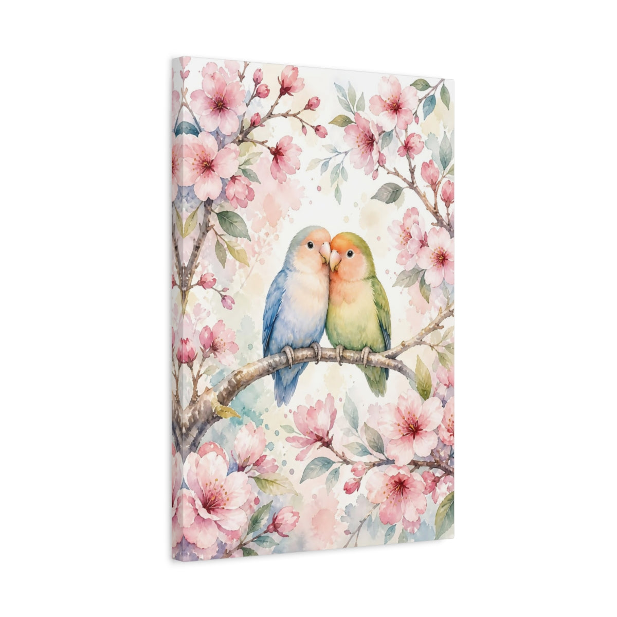 Side Mockup 3. Animals Lovebirds Pink Green Birds shown as stretched canvas wall art