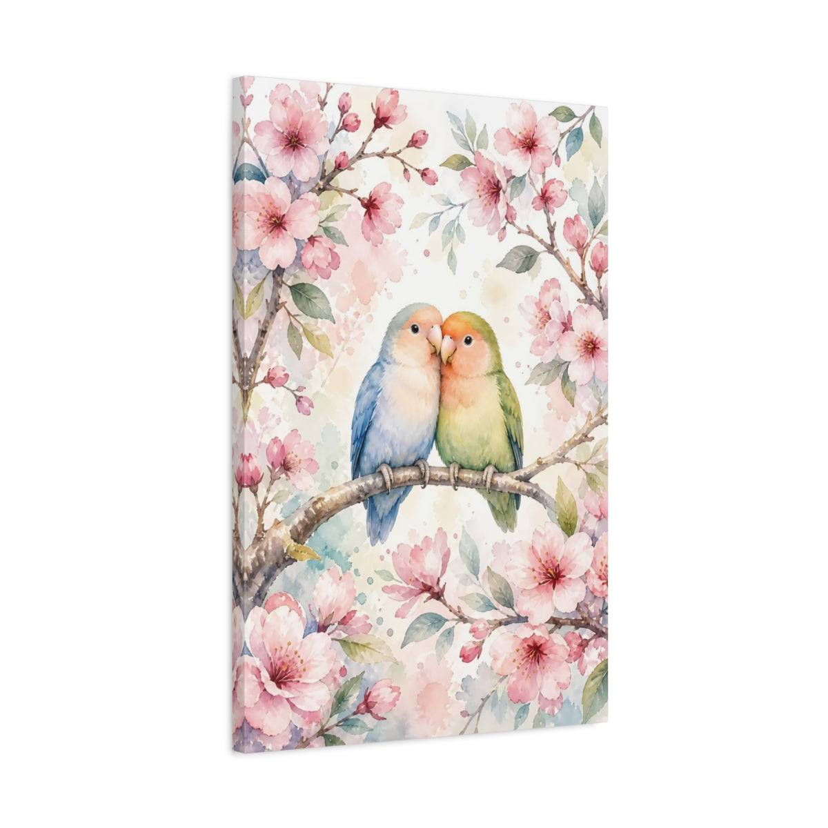 Side Mockup 2. Animals Lovebirds Pink Green Birds shown as stretched canvas wall art