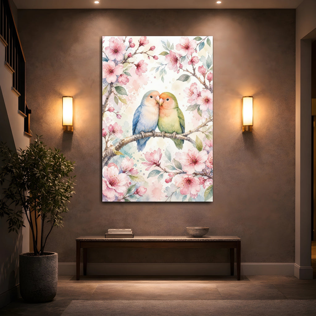 Mockup 2. Animals Lovebirds Pink Green Birds shown as stretched canvas wall art